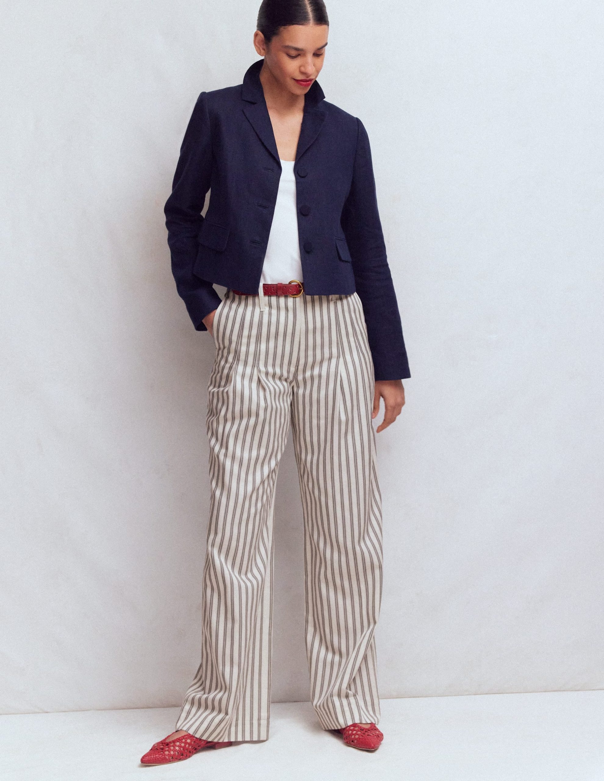 Mayfair Tailored Pants-Ivory. Navy Stripe