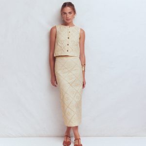 Textured Column Skirt-Ivory Broderie