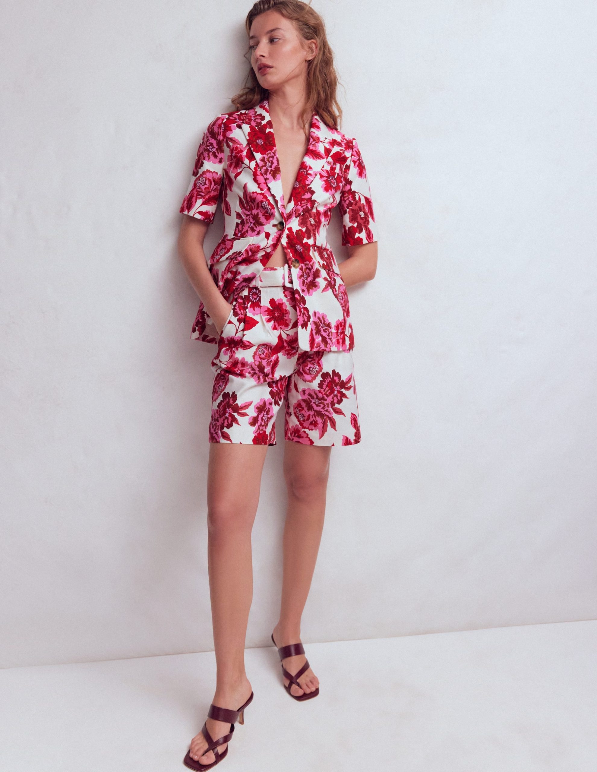 Chelsea Belted Tailored Shorts-Sangria Sunset. Floral Print