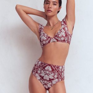 High Waisted Bikini Bottoms-Maroon. Botanical Charm