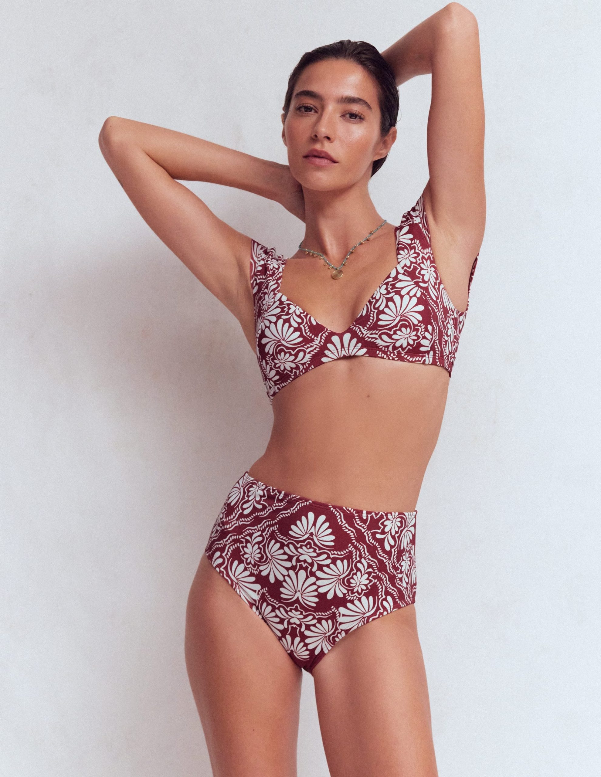 High Waisted Bikini Bottoms-Maroon. Botanical Charm