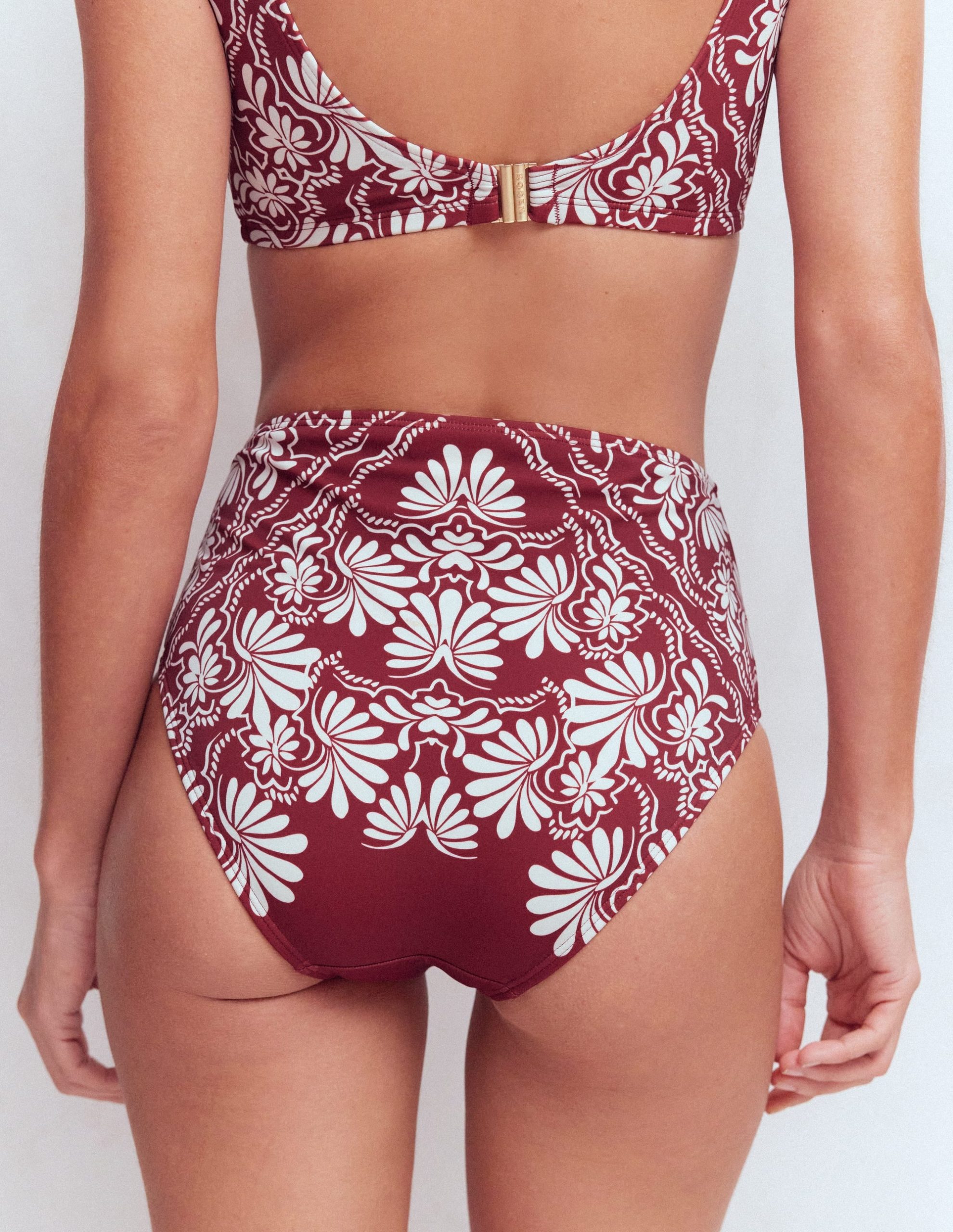 High Waisted Bikini Bottoms-Maroon. Botanical Charm - Image 3