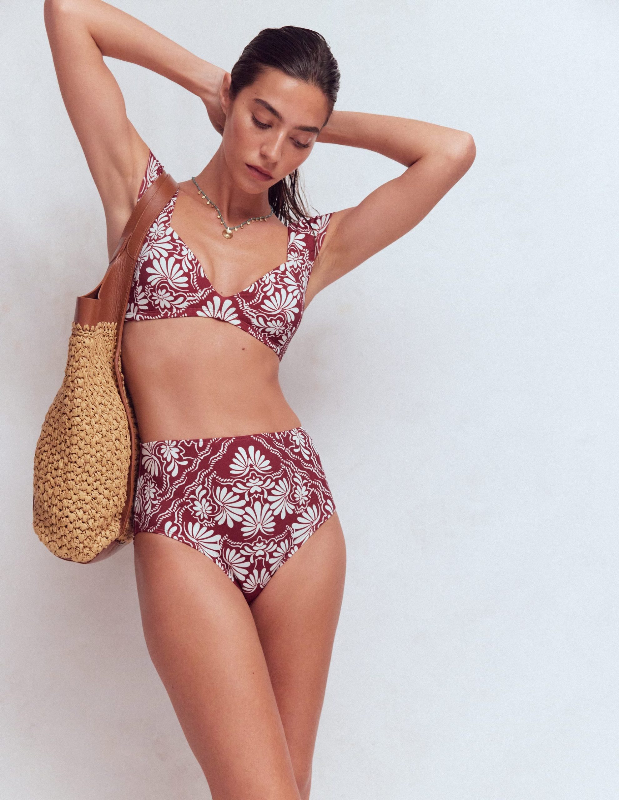 High Waisted Bikini Bottoms-Maroon. Botanical Charm - Image 5
