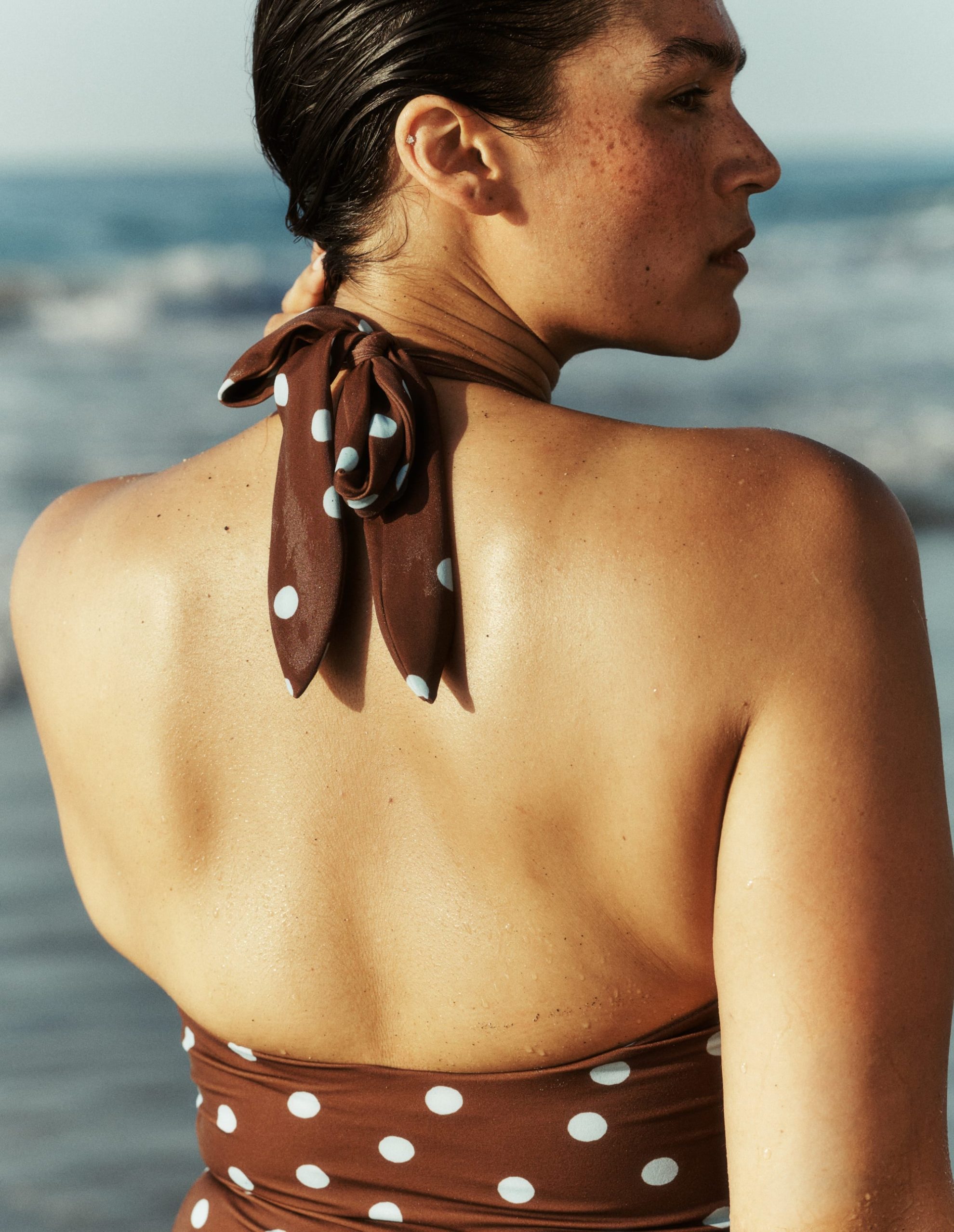 Kythira Ruched Swimsuit-Chocolate and Blue Painted Dot - Image 6