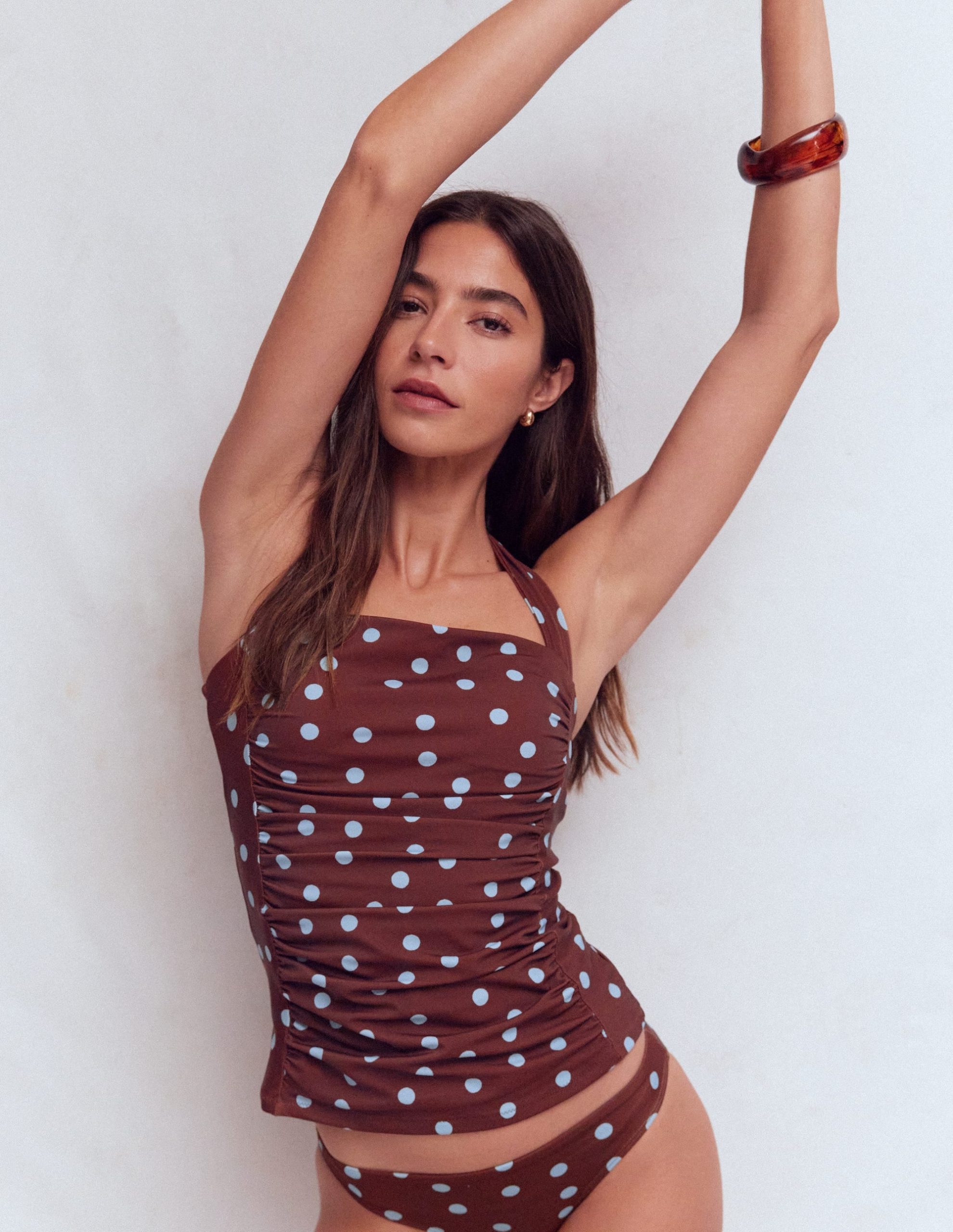 Kythira Ruched Tankini Top-Chocolate and Blue. Dot - Image 4
