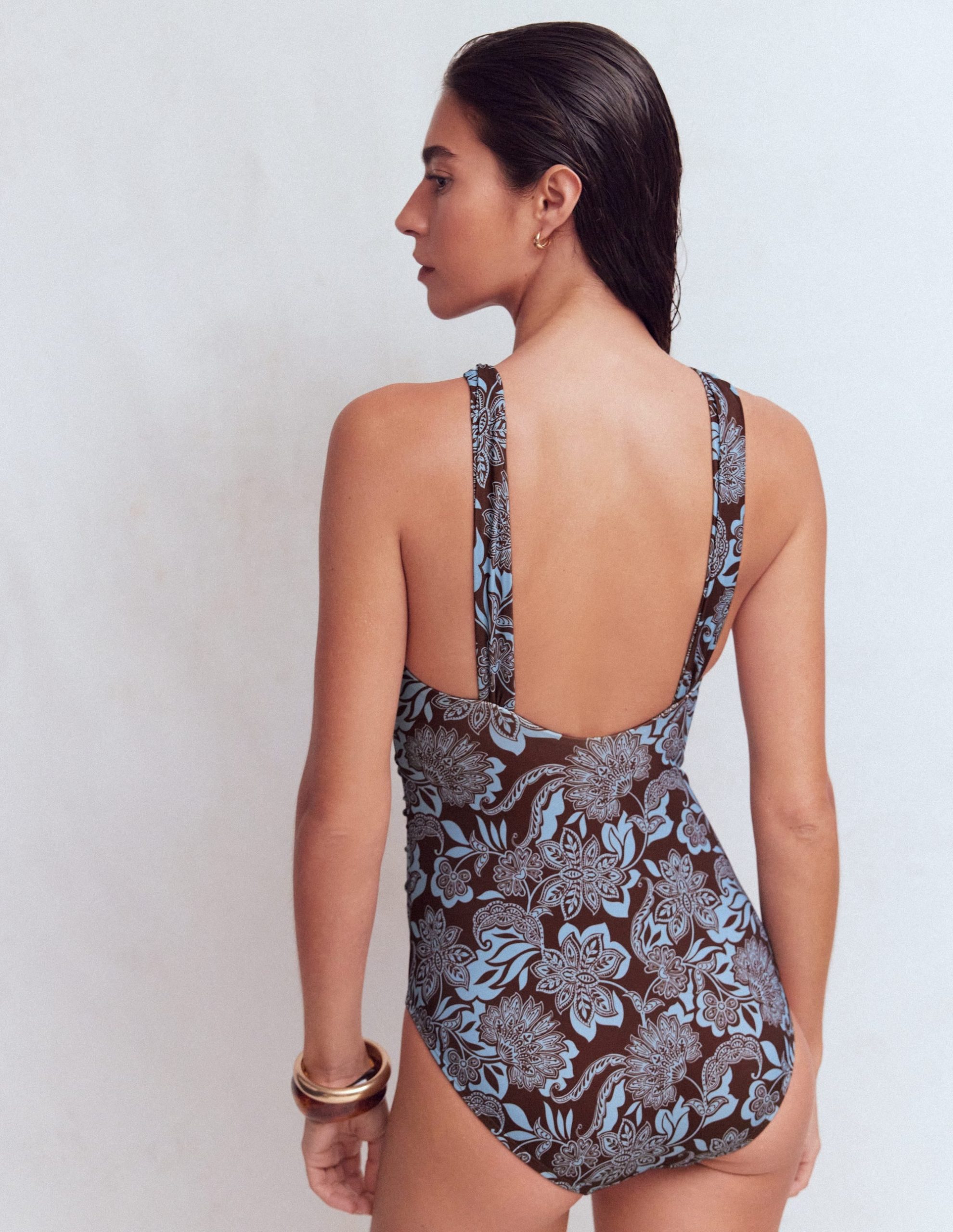 Pleated Strap Cross Swimsuit-Hot Chocolate. Elegant Blossom - Image 3