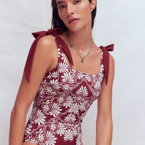 Bow Tie Shoulder Swimsuit-Maroon. Botanical Charm