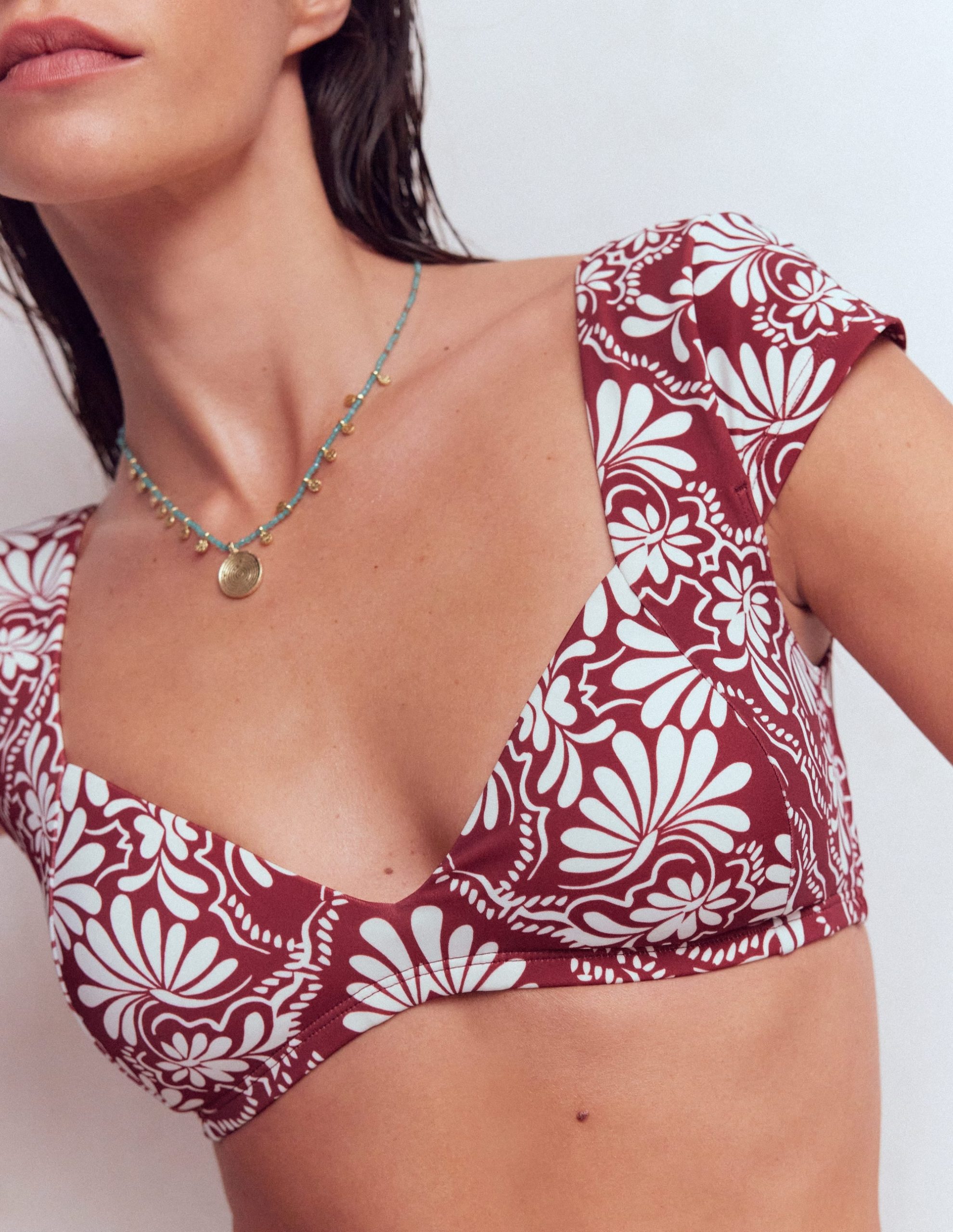 Sweetheart Sleeve Bikini Top-Maroon. Botanical Charm - Image 2
