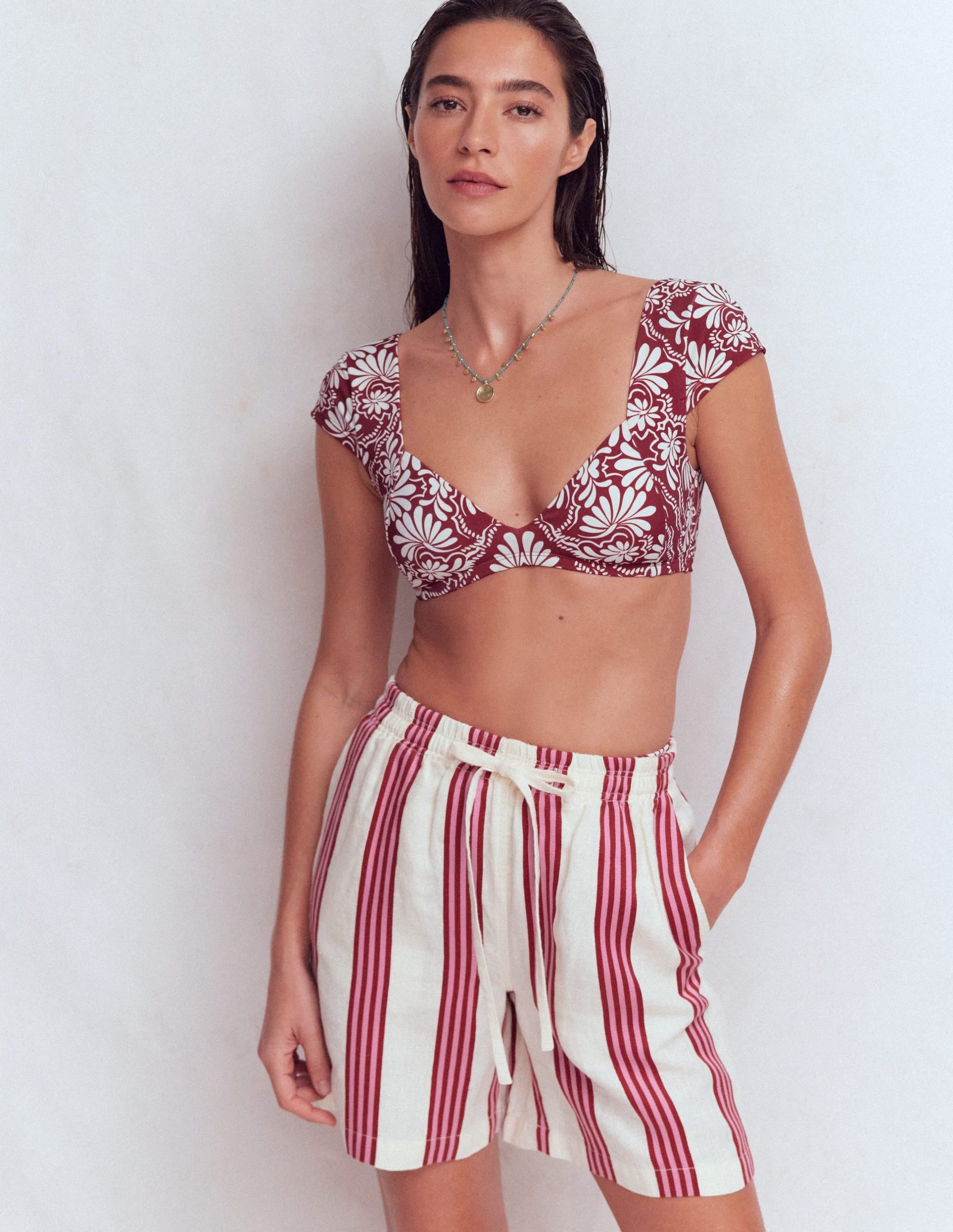 Sweetheart Sleeve Bikini Top-Maroon. Botanical Charm - Image 4