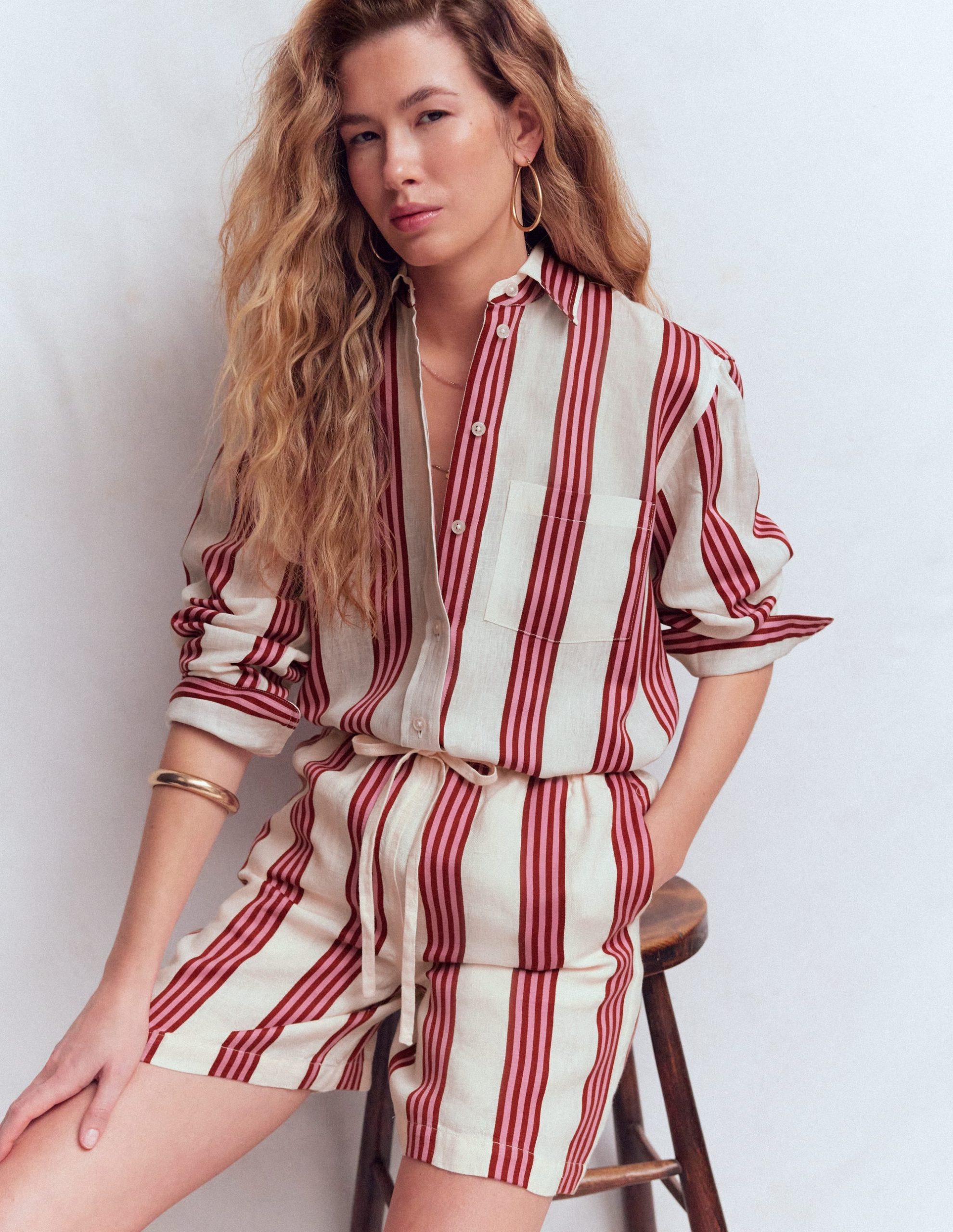 Sadie Relaxed Linen Shirt-Ivory. Brown. Pink Stripe