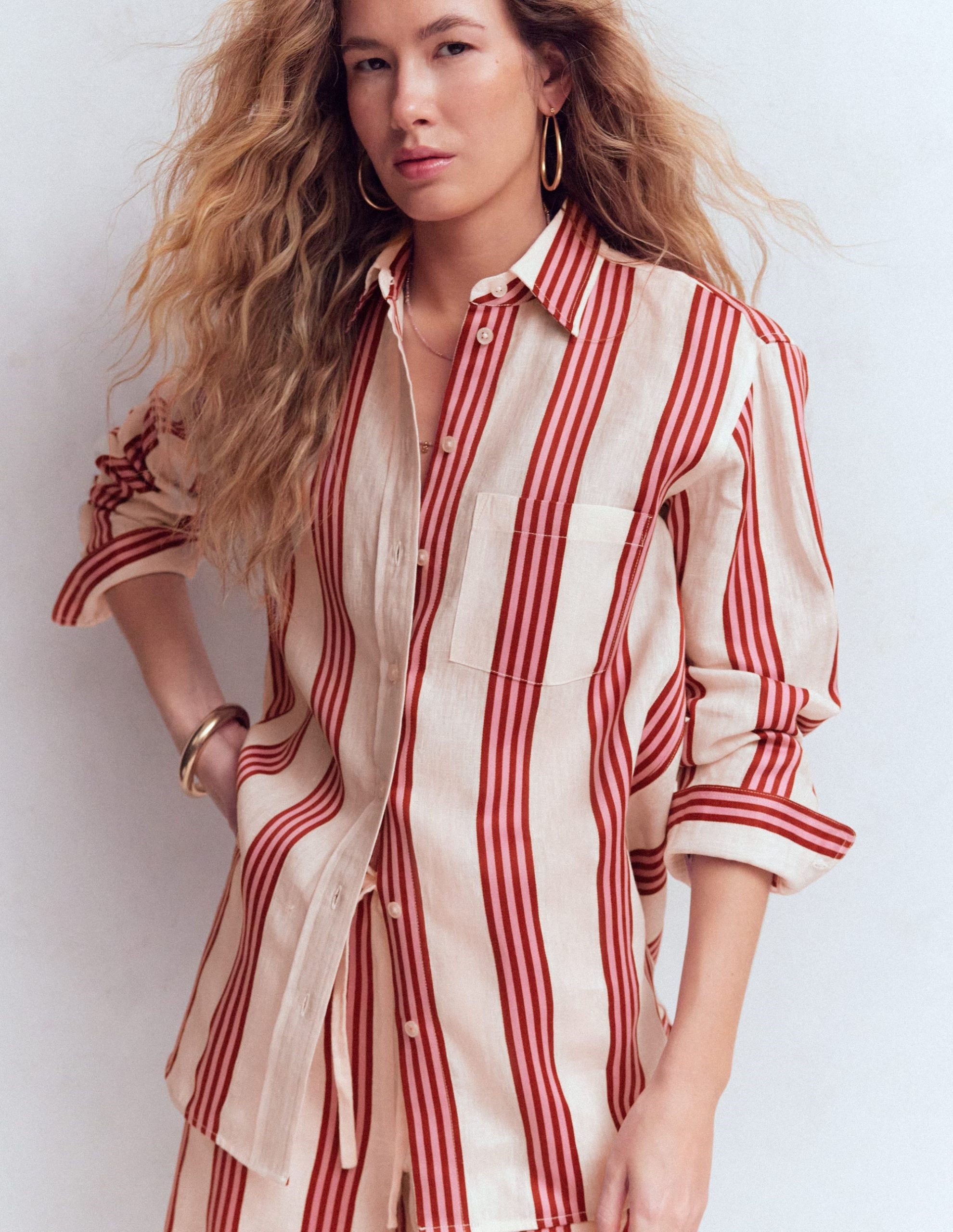 Sadie Relaxed Linen Shirt-Ivory. Brown. Pink Stripe - Image 2