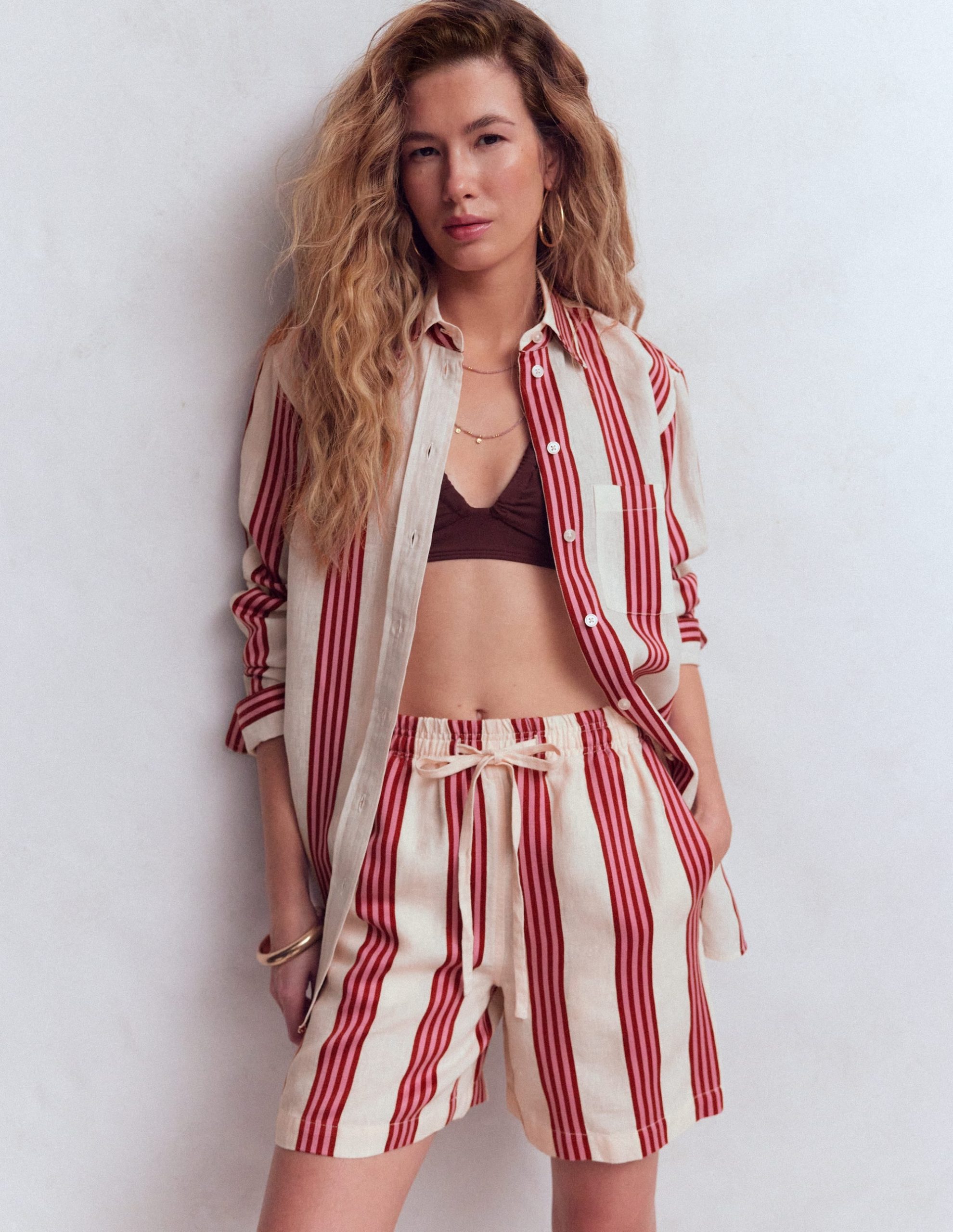 Sadie Relaxed Linen Shirt-Ivory. Brown. Pink Stripe - Image 5