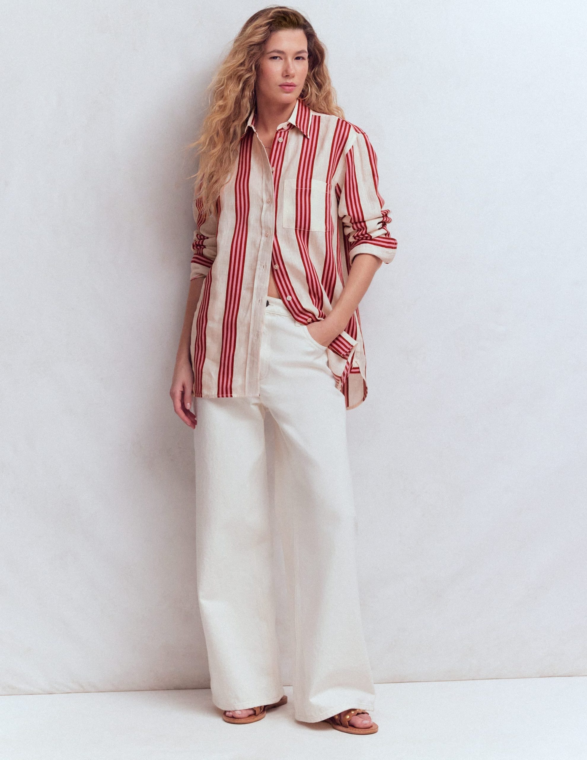 Sadie Relaxed Linen Shirt-Ivory. Brown. Pink Stripe - Image 6