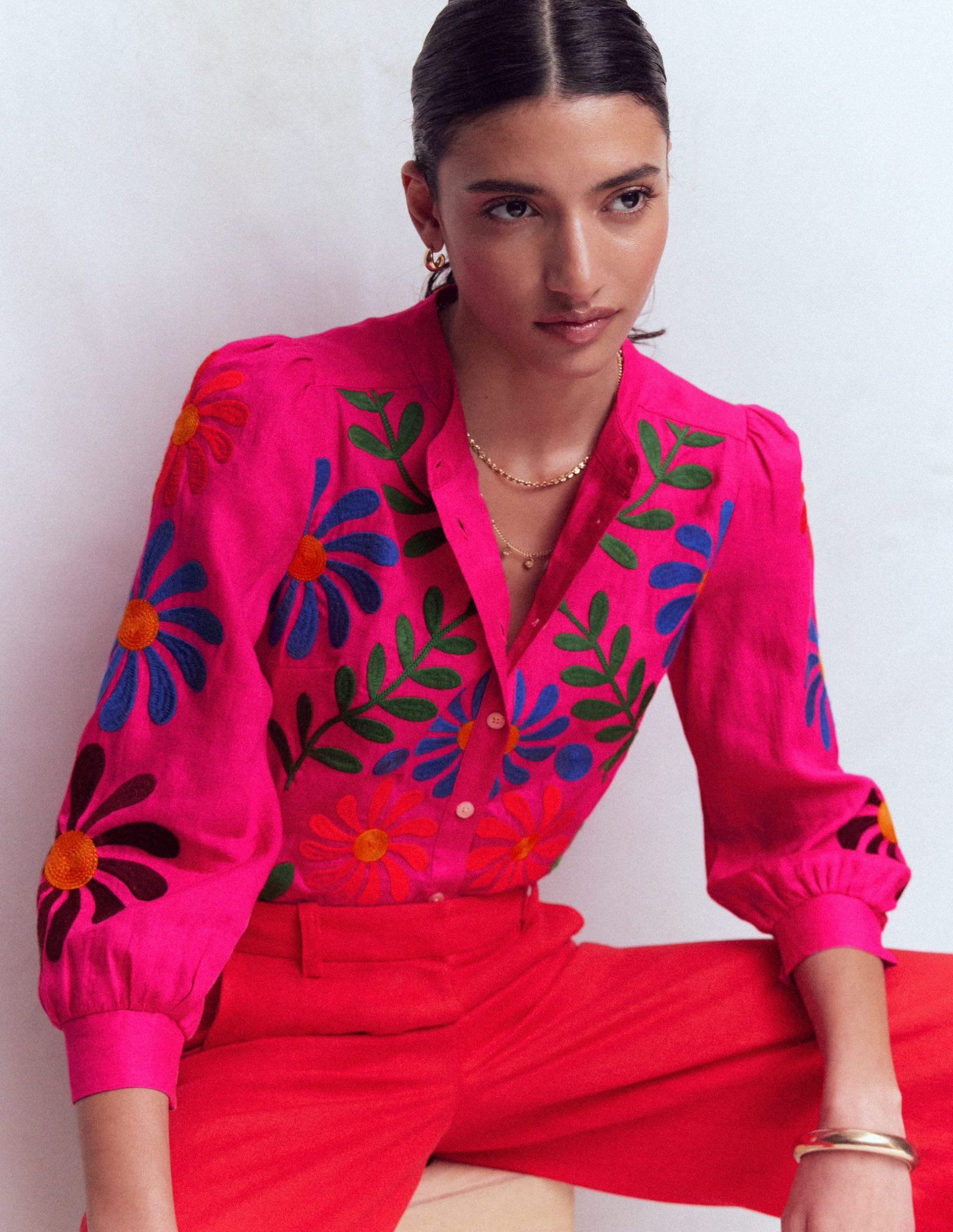 Alicia Linen Top-Pink Peony. Flower Embroidery