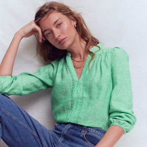 Linen Trim Insert Top-Aloe Green Chambray
