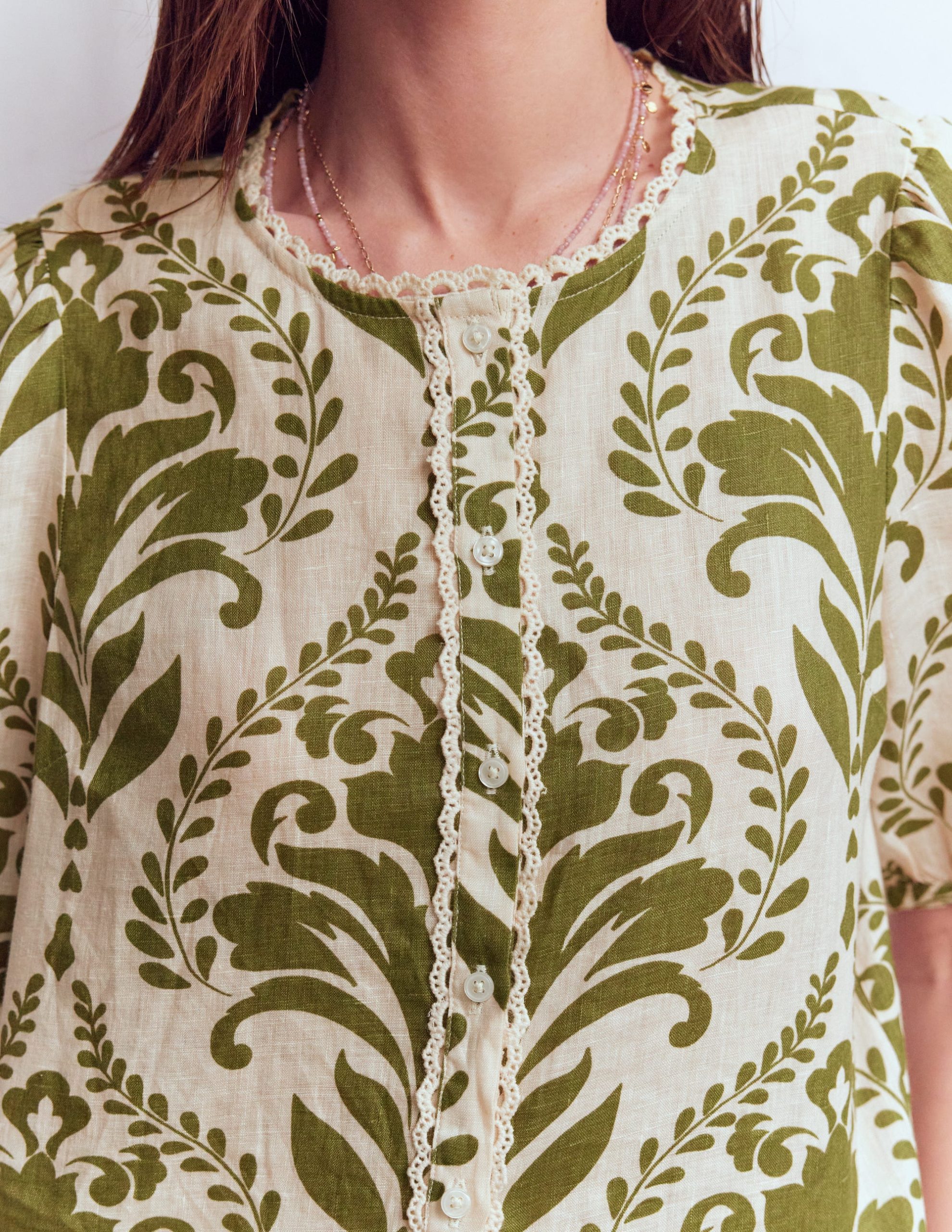 Leah Short Sleeve Linen Top-Green. Decorative Lattice - Image 2