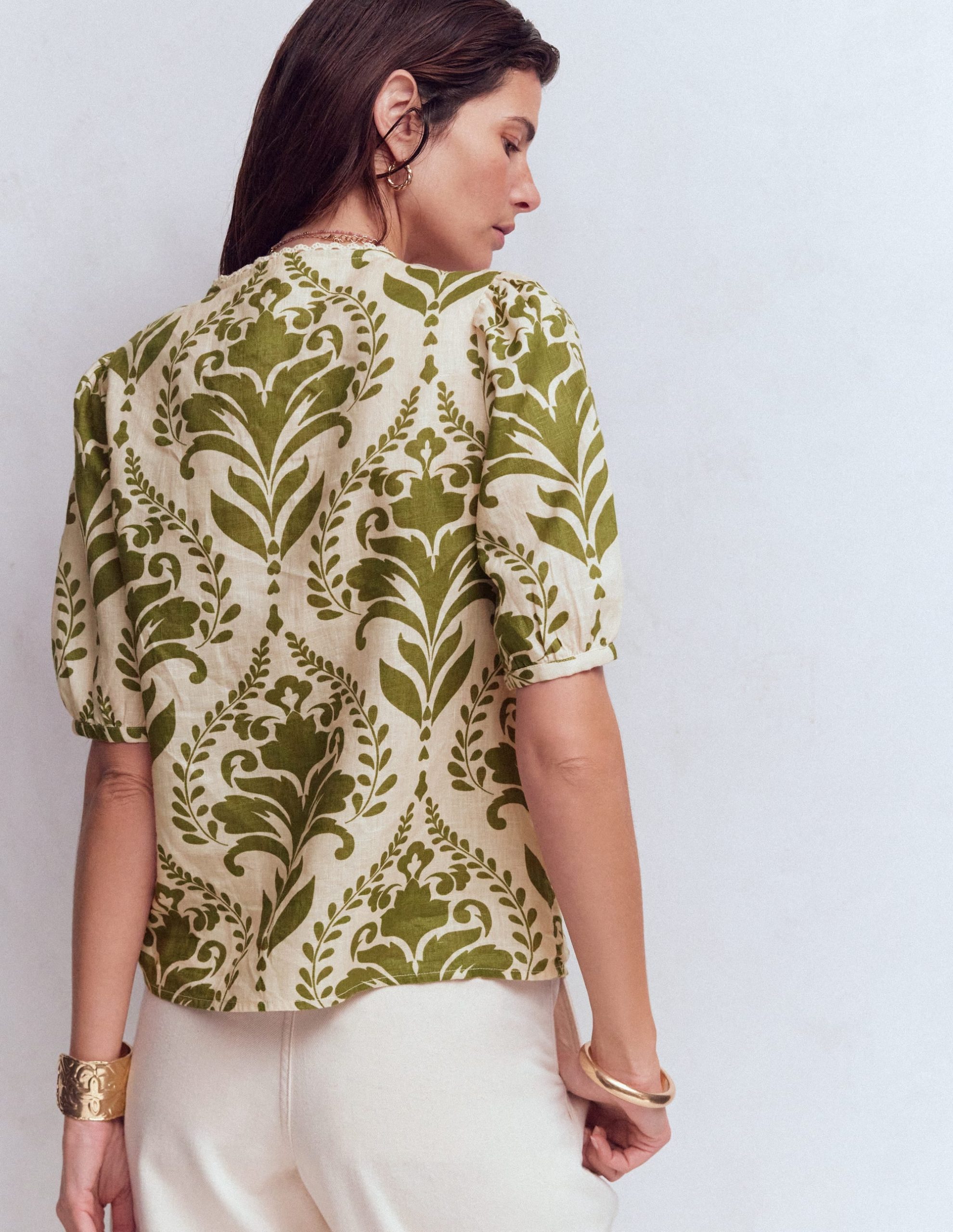 Leah Short Sleeve Linen Top-Green. Decorative Lattice - Image 3