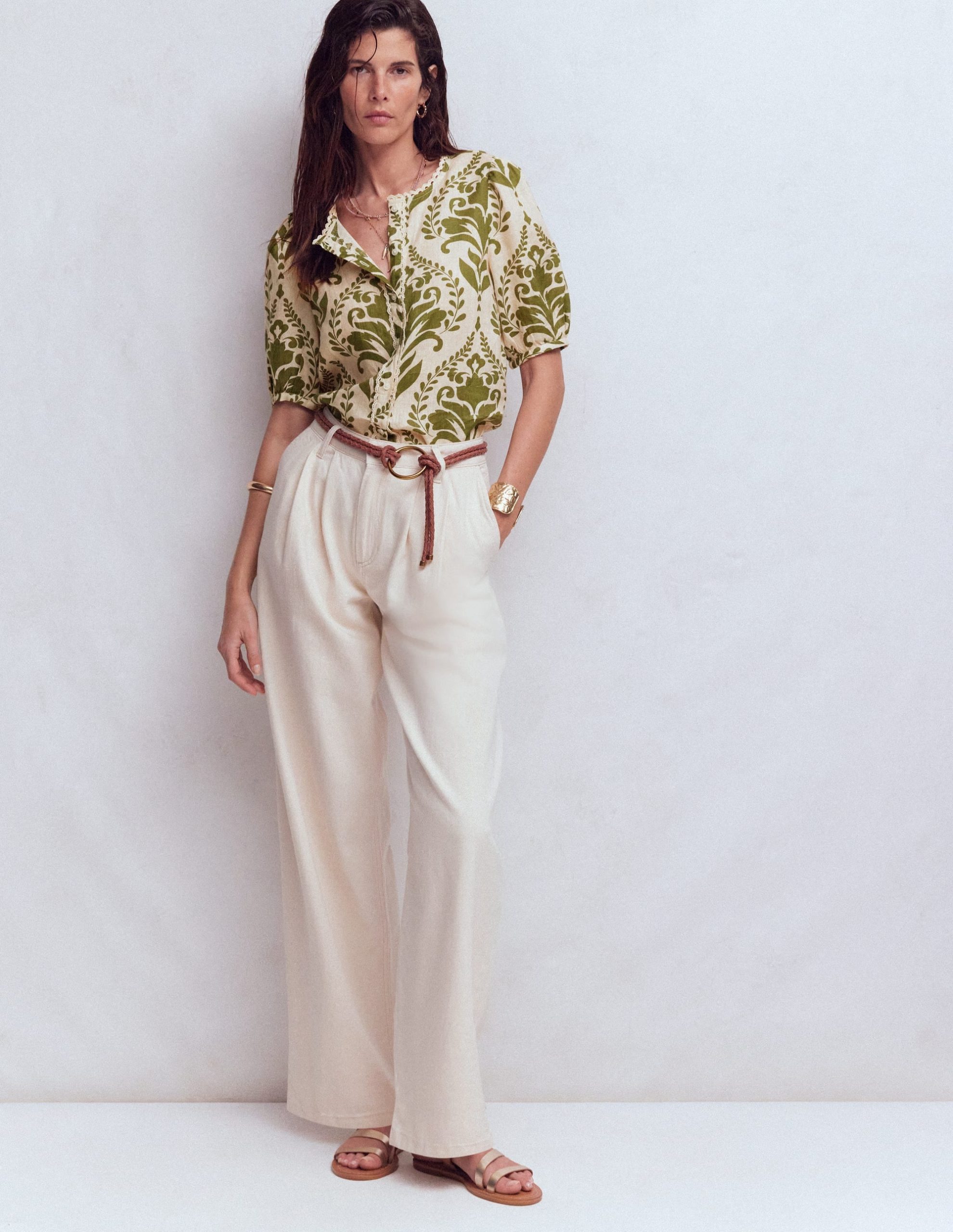 Leah Short Sleeve Linen Top-Green. Decorative Lattice - Image 4