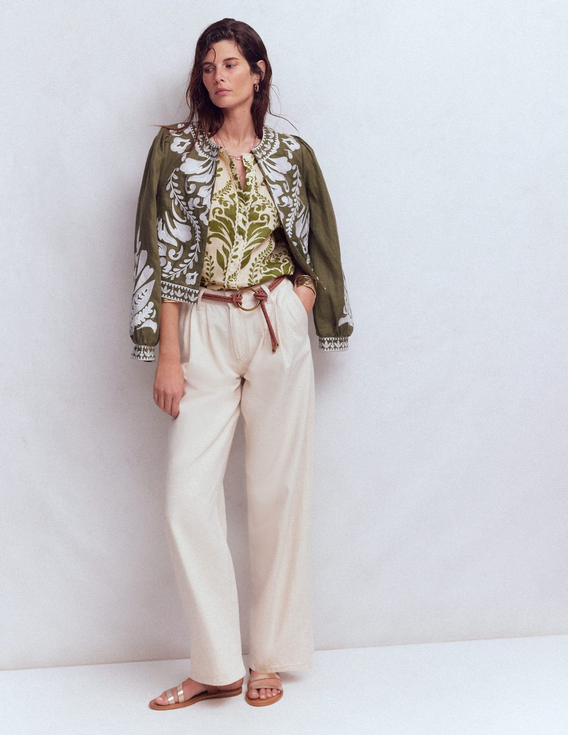 Leah Short Sleeve Linen Top-Green. Decorative Lattice - Image 5