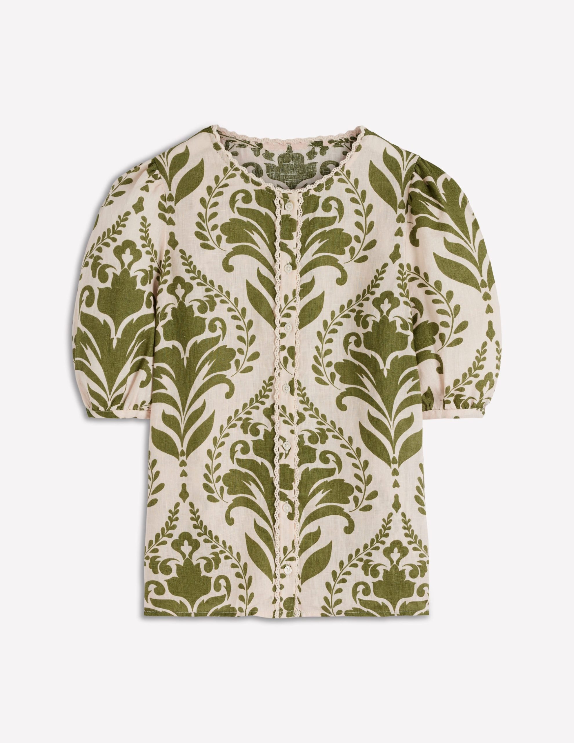 Leah Short Sleeve Linen Top-Green. Decorative Lattice - Image 6