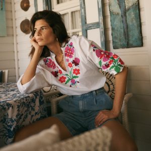 Embroidered Notch Neck Top-Placement Floral Embroidery