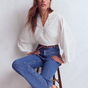 Embroidered Notch Neck Top-White