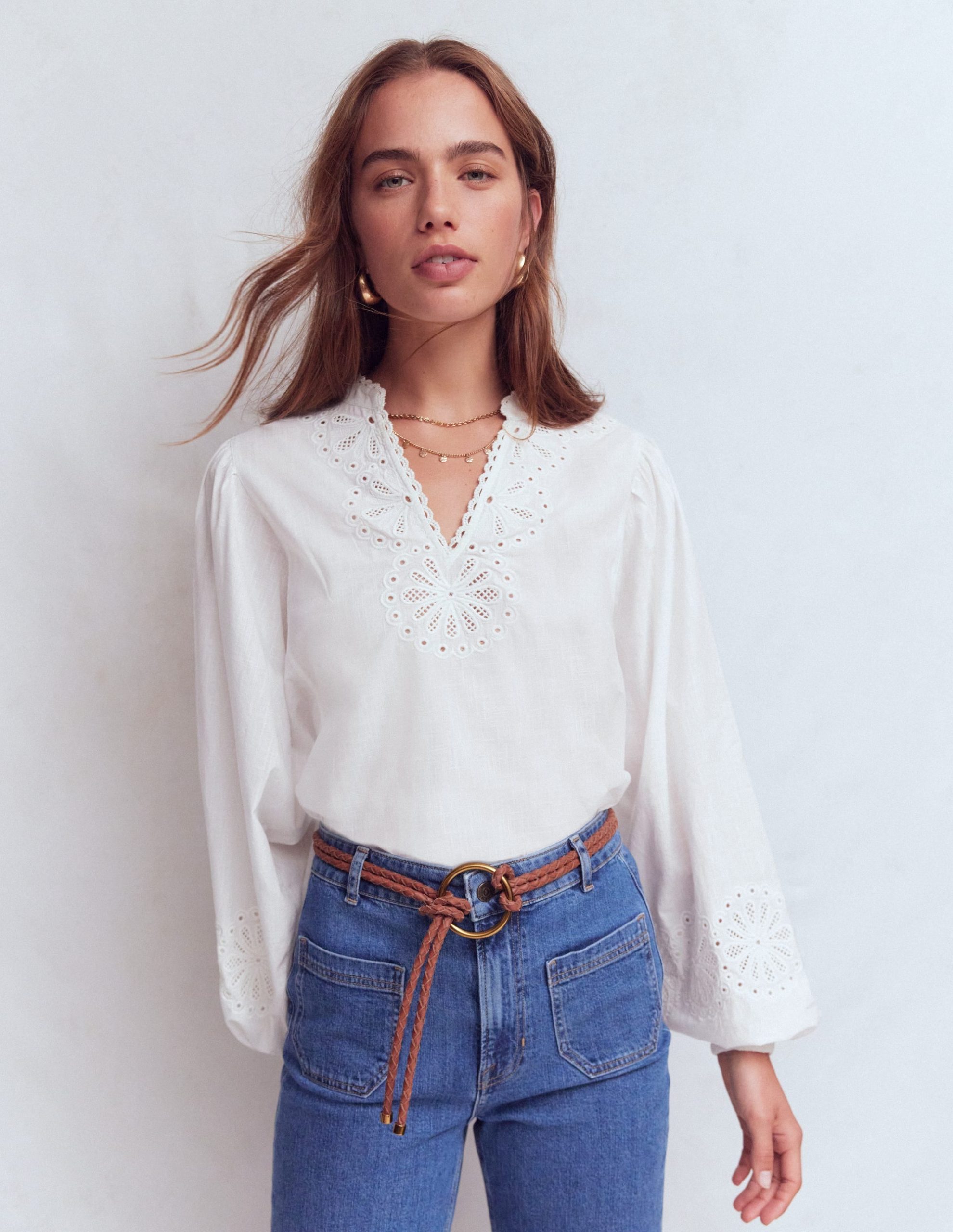 Embroidered Notch Neck Top-White - Image 4