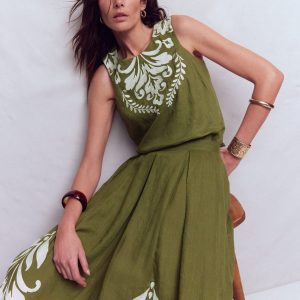 Sofia Embroidered Linen Top-Woodland Green
