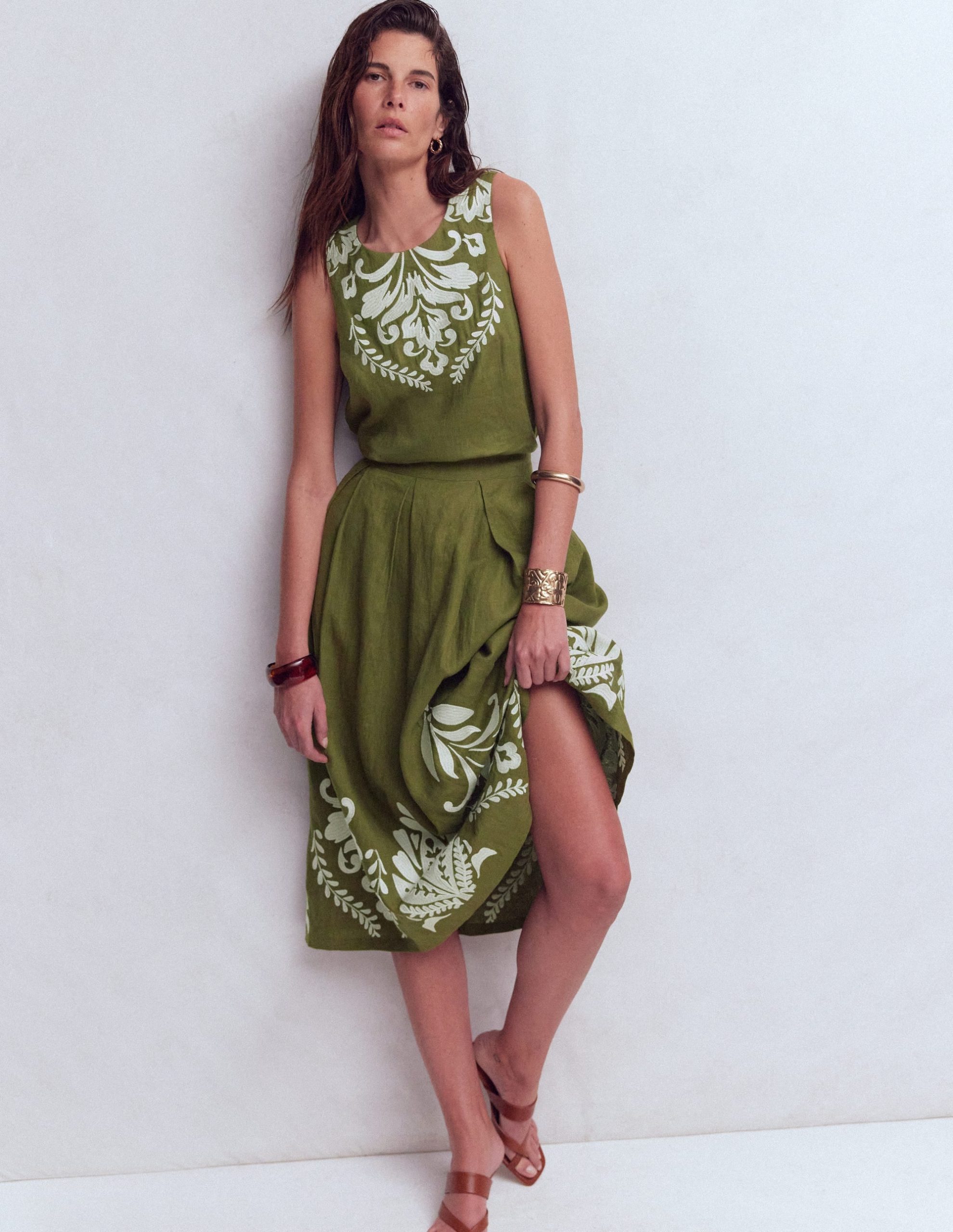 Sofia Embroidered Linen Top-Woodland Green - Image 4