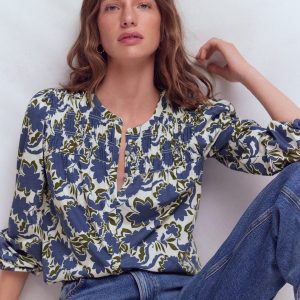 Mya Smocked Jersey Shirt-True Navy. Shadow Blossom