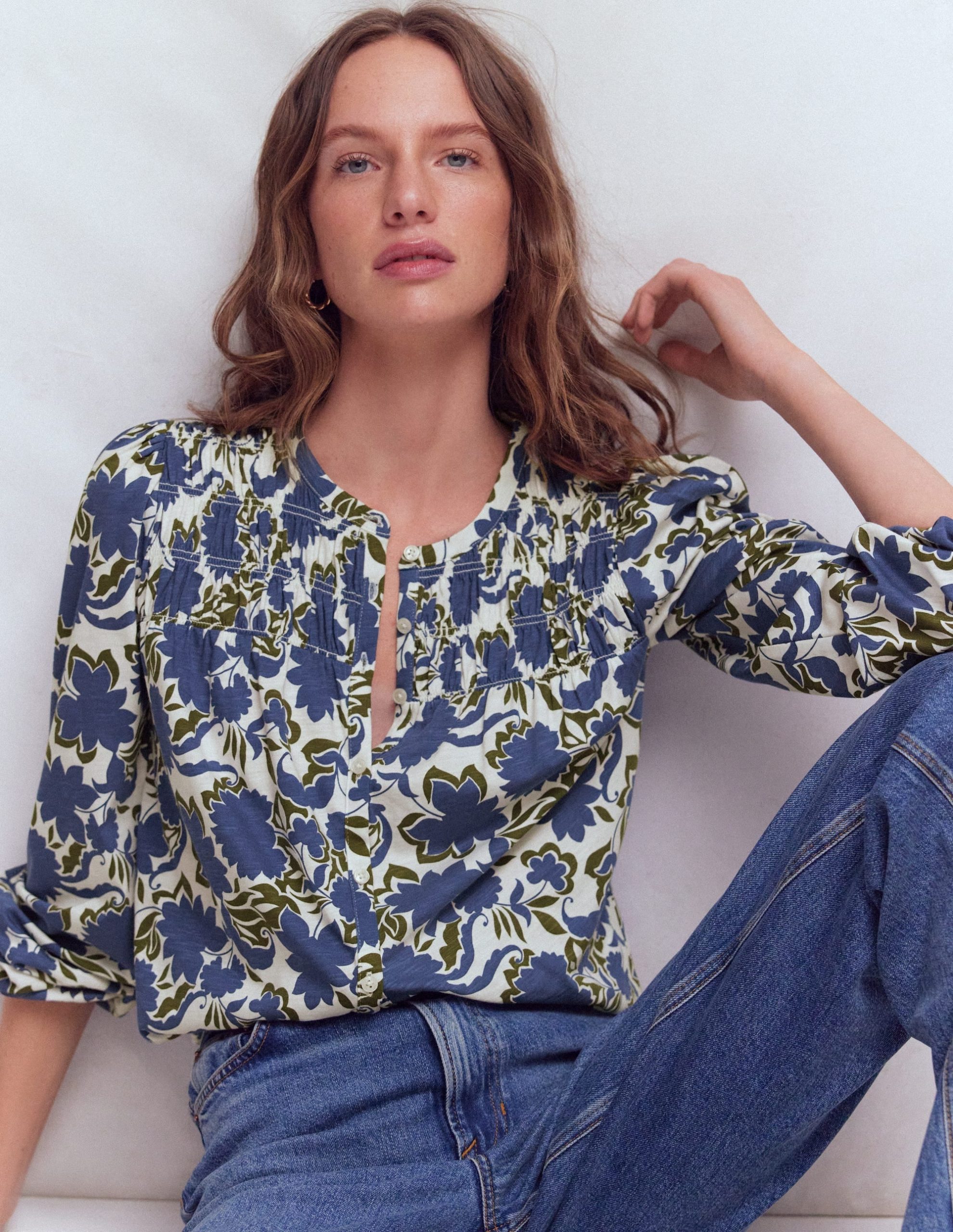 Mya Smocked Jersey Shirt-True Navy. Shadow Blossom