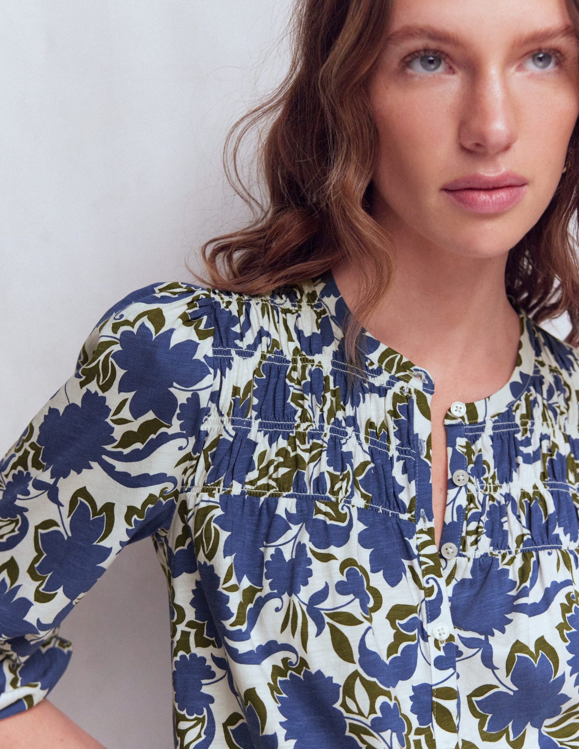 Mya Smocked Jersey Shirt-True Navy. Shadow Blossom - Image 2