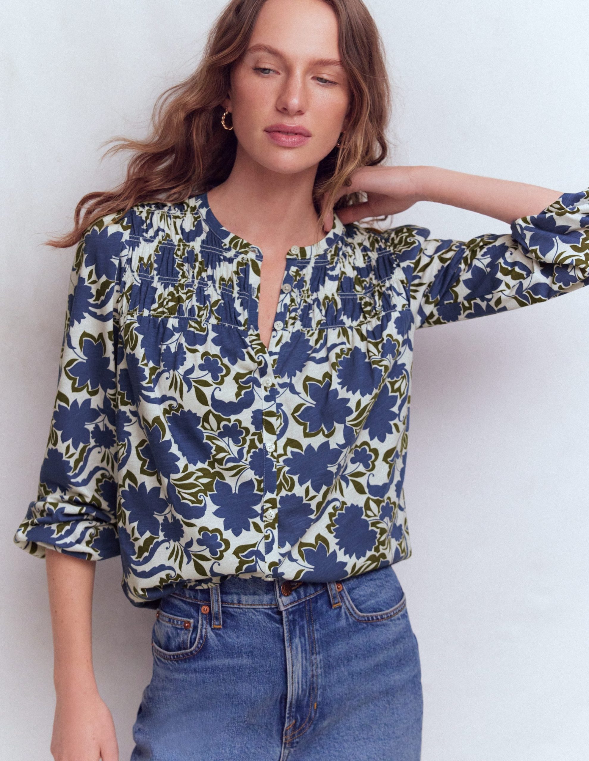 Mya Smocked Jersey Shirt-True Navy. Shadow Blossom - Image 4