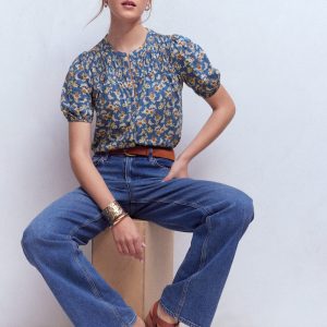 Mya Short Sleeve Smocked Shirt-True Navy. Dainty Blooms