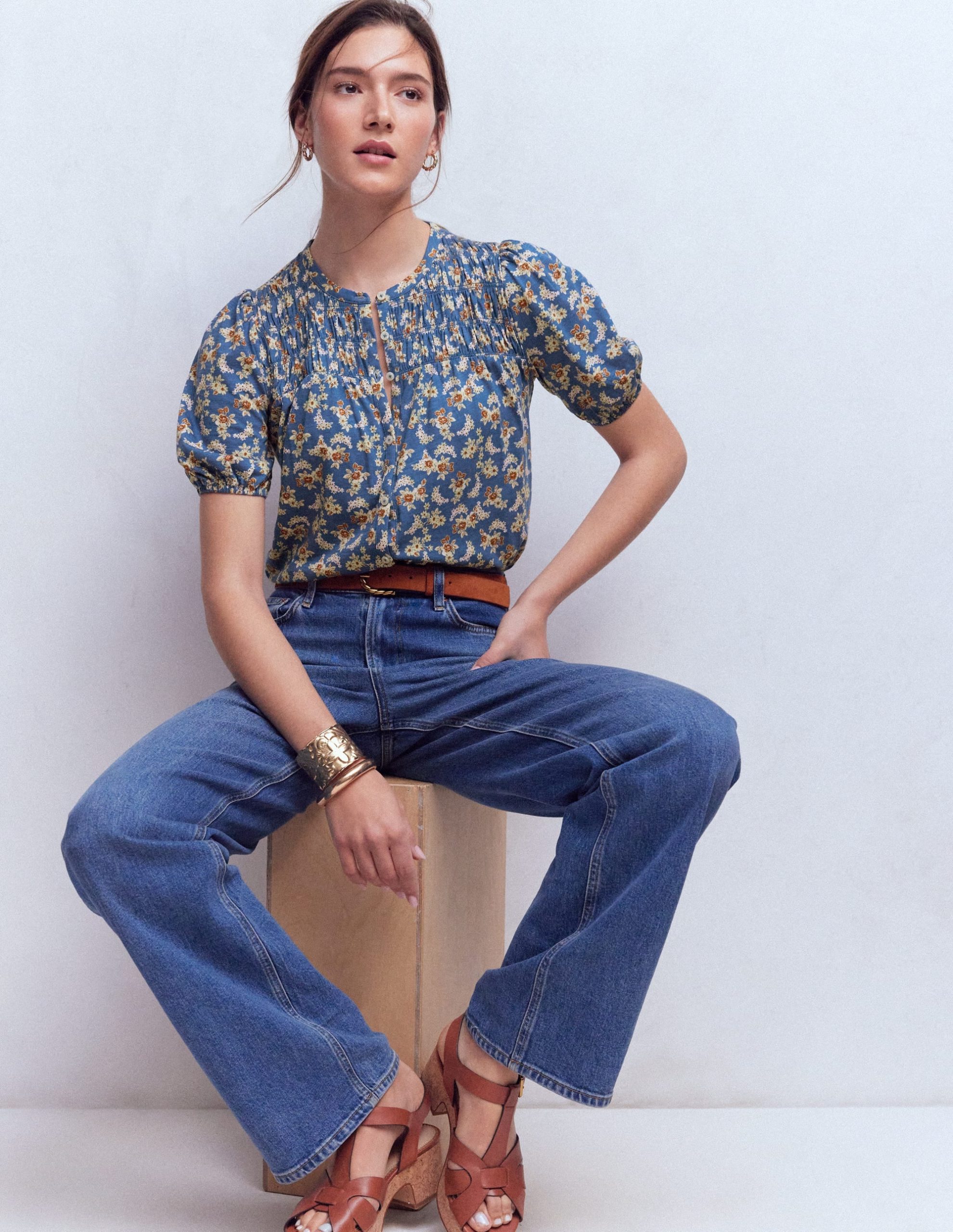 Mya Short Sleeve Smocked Shirt-True Navy. Dainty Blooms