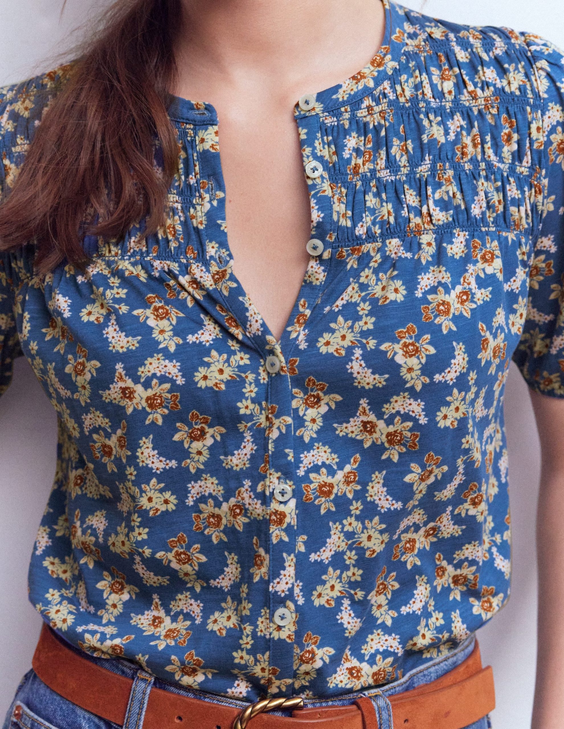 Mya Short Sleeve Smocked Shirt-True Navy. Dainty Blooms - Image 2