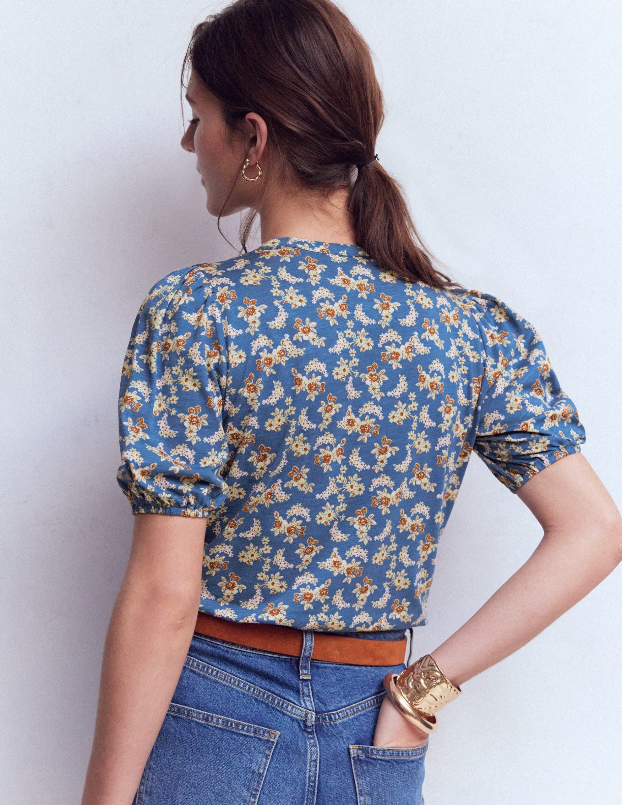Mya Short Sleeve Smocked Shirt-True Navy. Dainty Blooms - Image 3