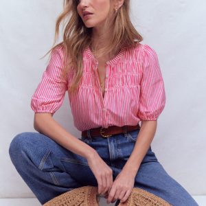 Mya Short Sleeve Smocked Shirt-Pink Punch and Ivory Stripe