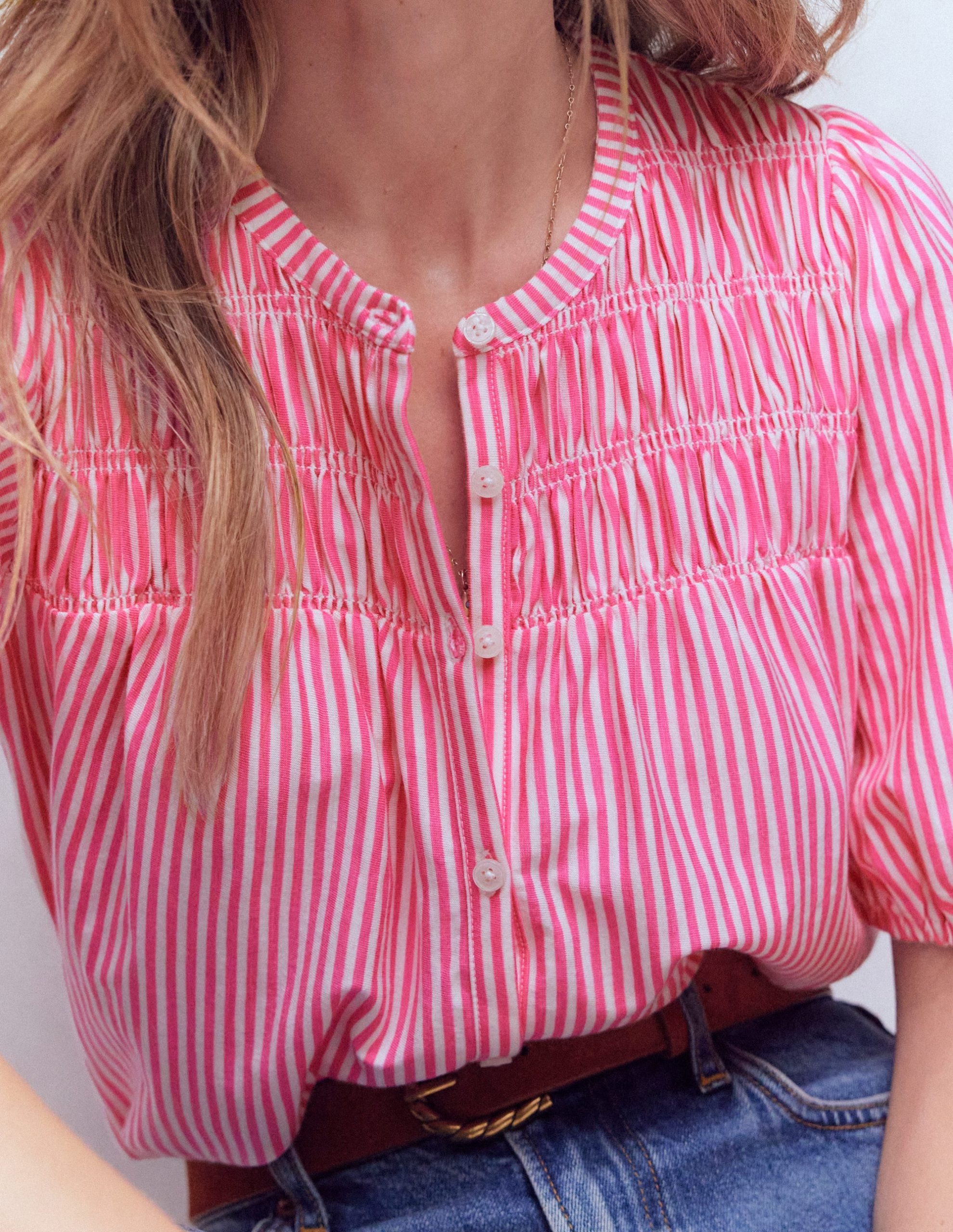 Mya Short Sleeve Smocked Shirt-Pink Punch and Ivory Stripe - Image 2