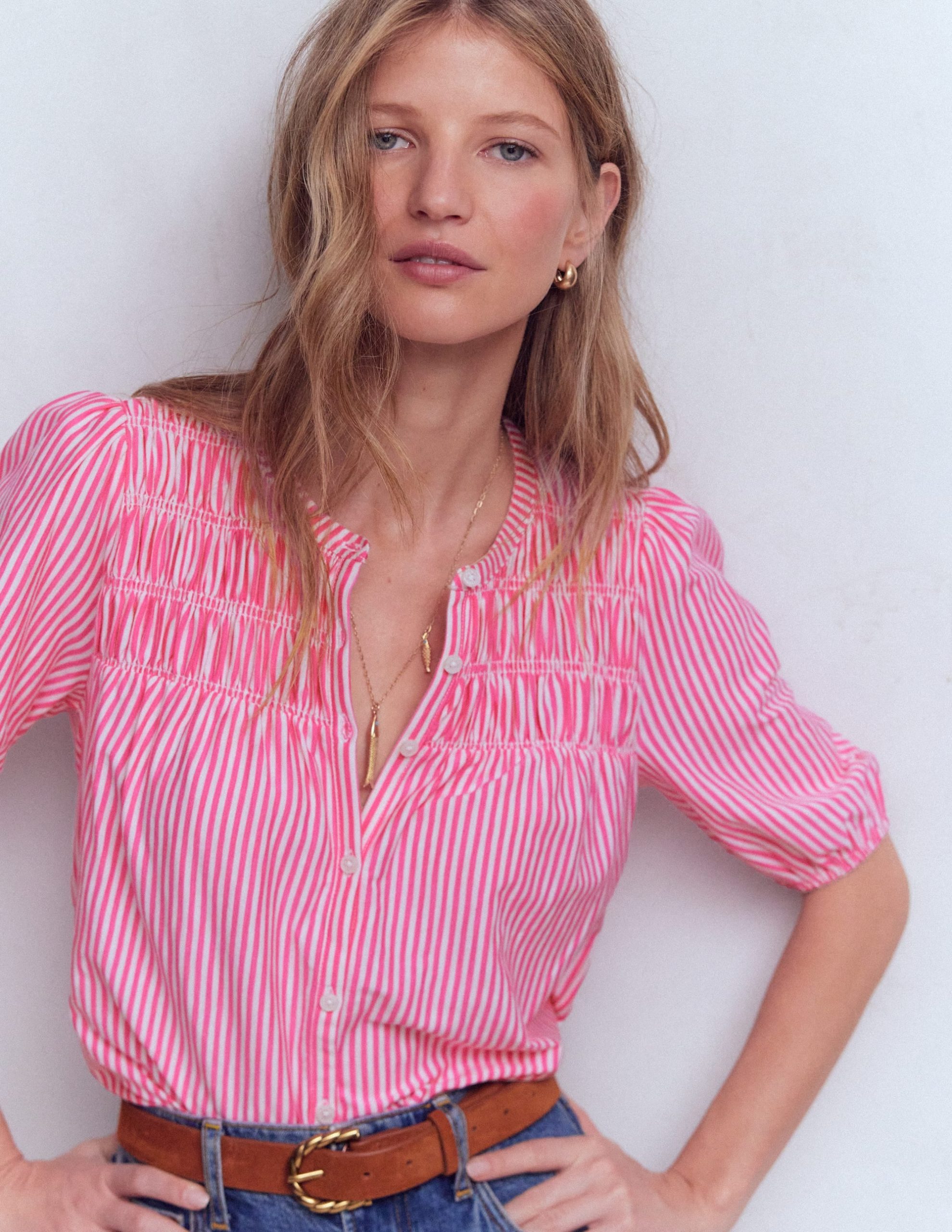 Mya Short Sleeve Smocked Shirt-Pink Punch and Ivory Stripe - Image 3