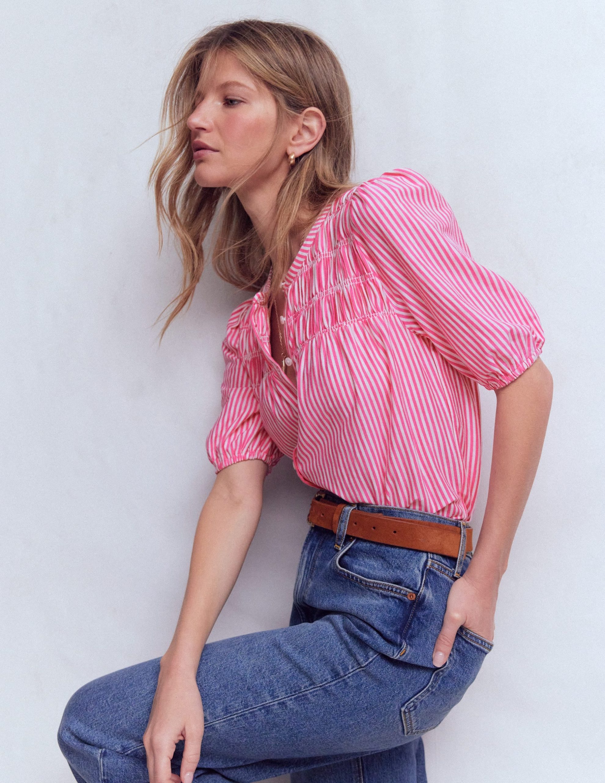 Mya Short Sleeve Smocked Shirt-Pink Punch and Ivory Stripe - Image 4