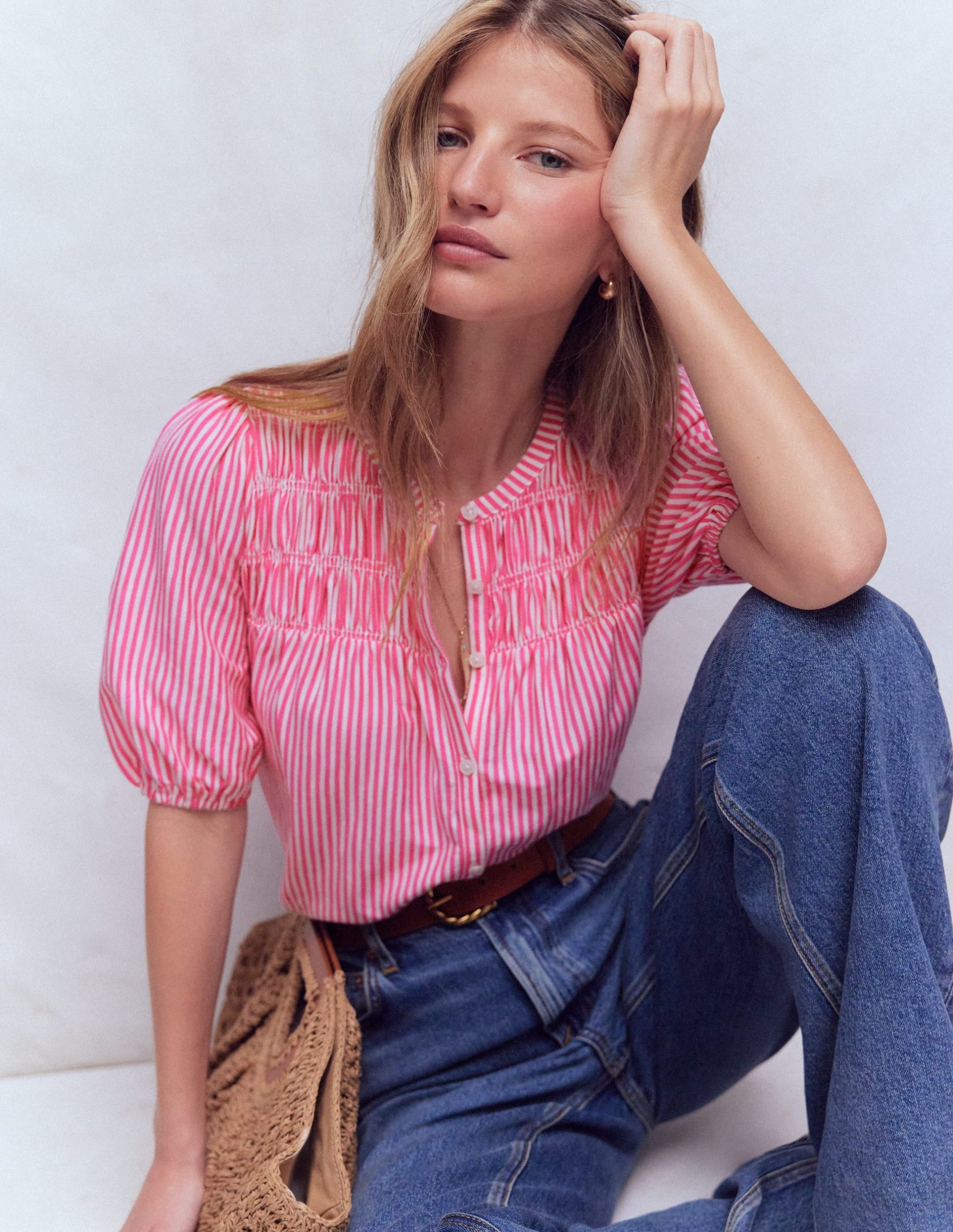 Mya Short Sleeve Smocked Shirt-Pink Punch and Ivory Stripe - Image 5