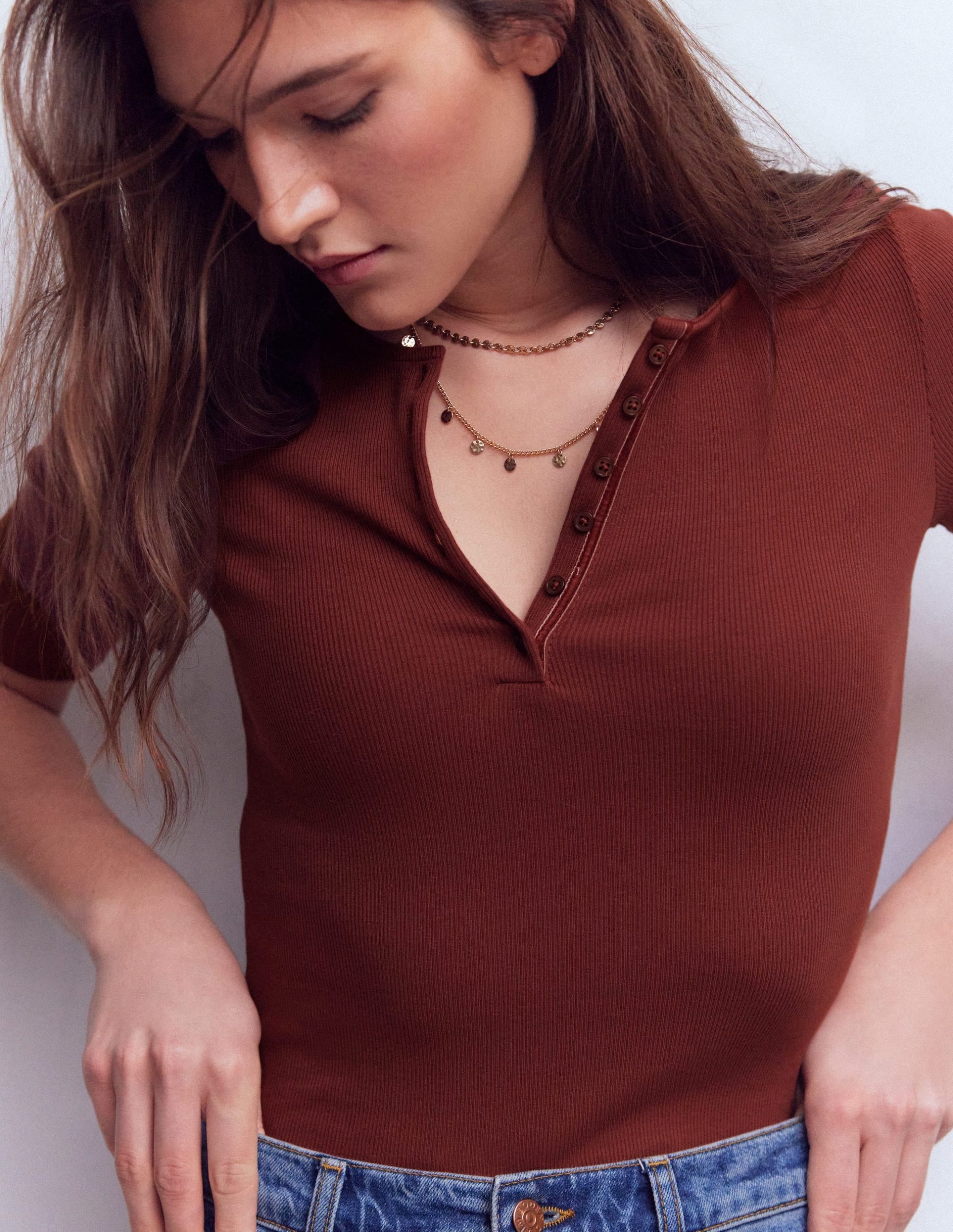 Short Sleeve Rib Henley-Roasted Brown - Image 2
