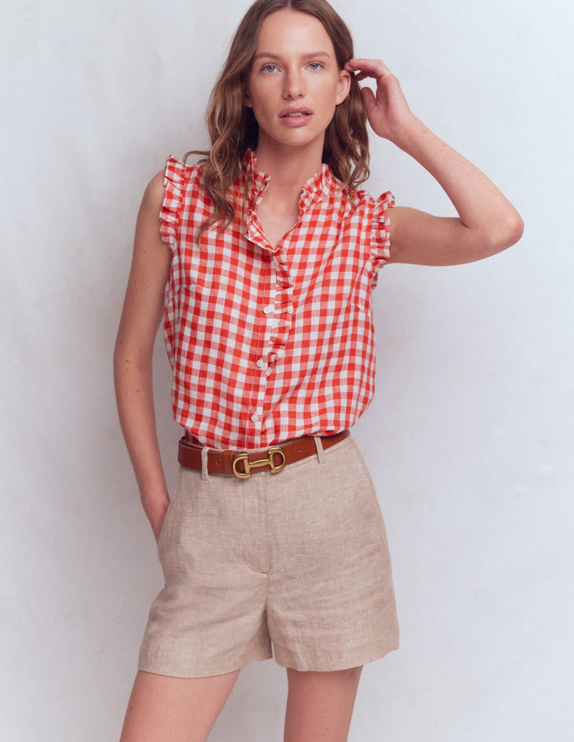 Isabel Sleeveless Linen Top-Burnt Red Gingham - Image 5
