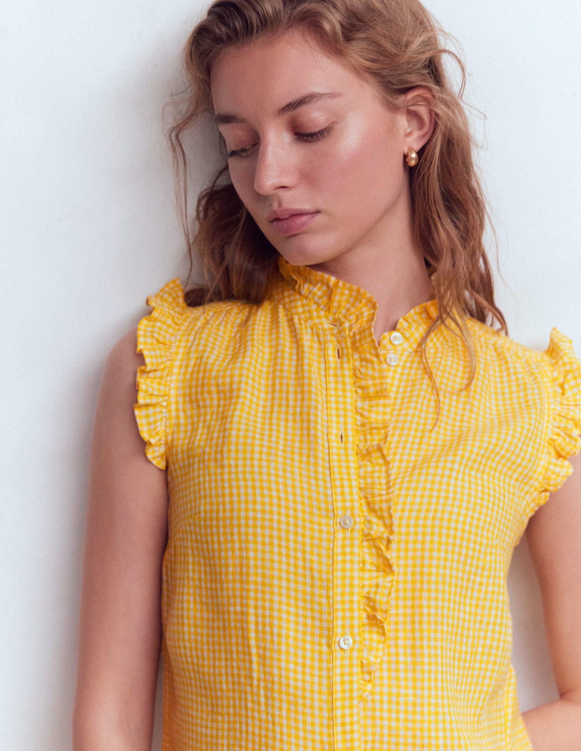 Isabel Sleeveless Linen Top-French Marigold Micro Gingham - Image 2