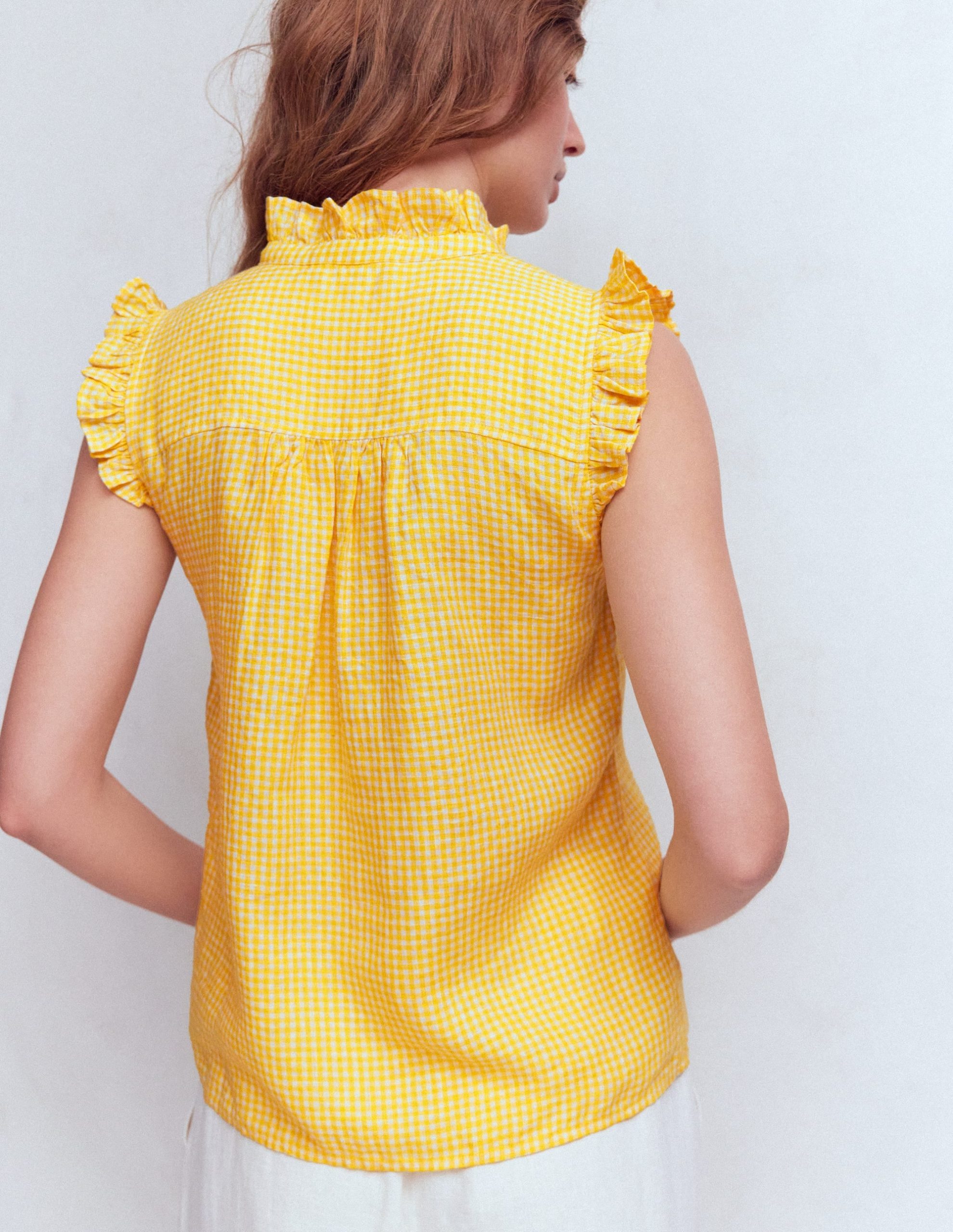 Isabel Sleeveless Linen Top-French Marigold Micro Gingham - Image 3