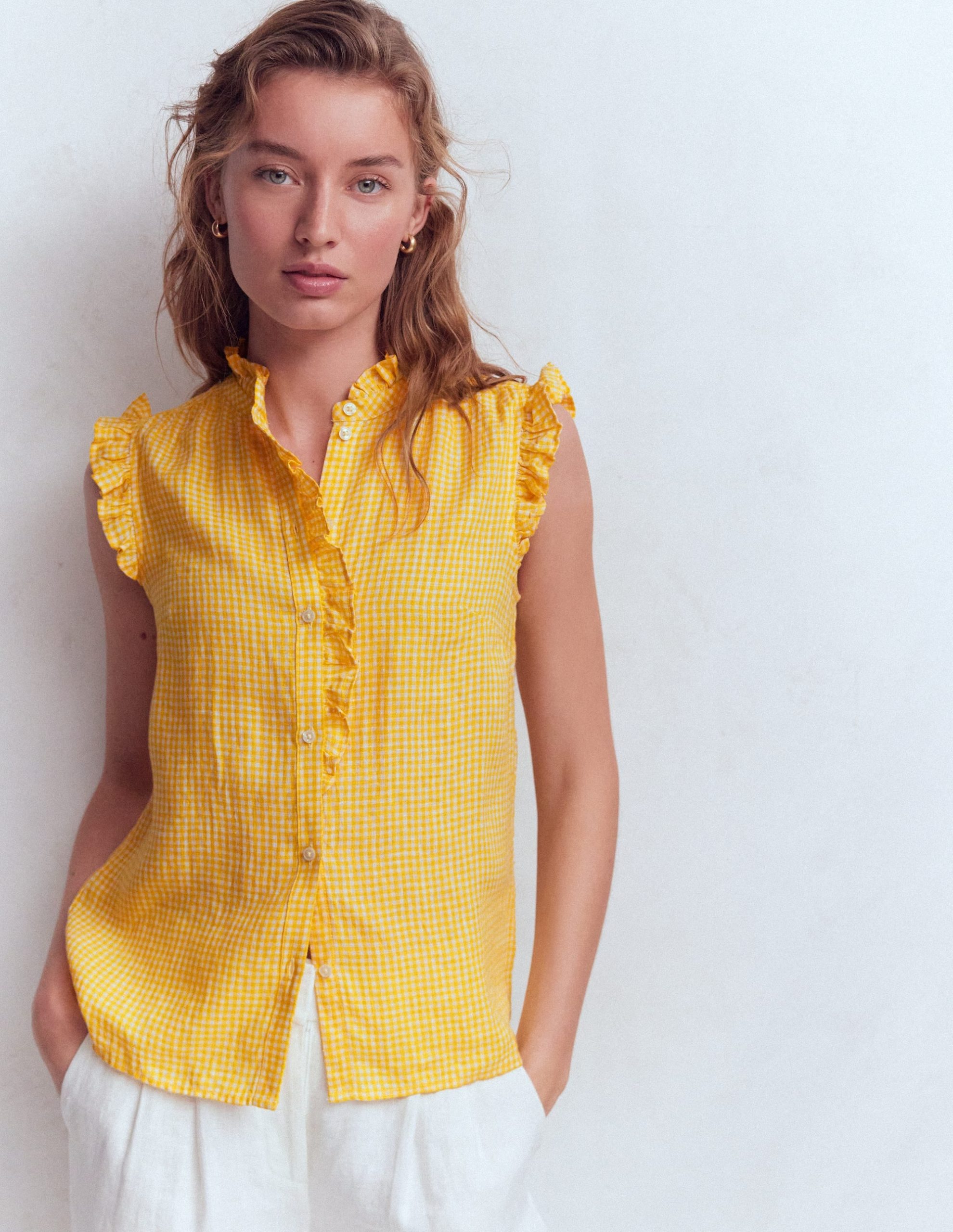 Isabel Sleeveless Linen Top-French Marigold Micro Gingham - Image 5