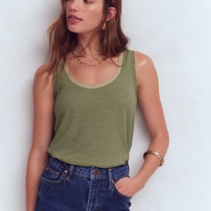 Metallic Trim Scoop Neck Vest-Larch Green