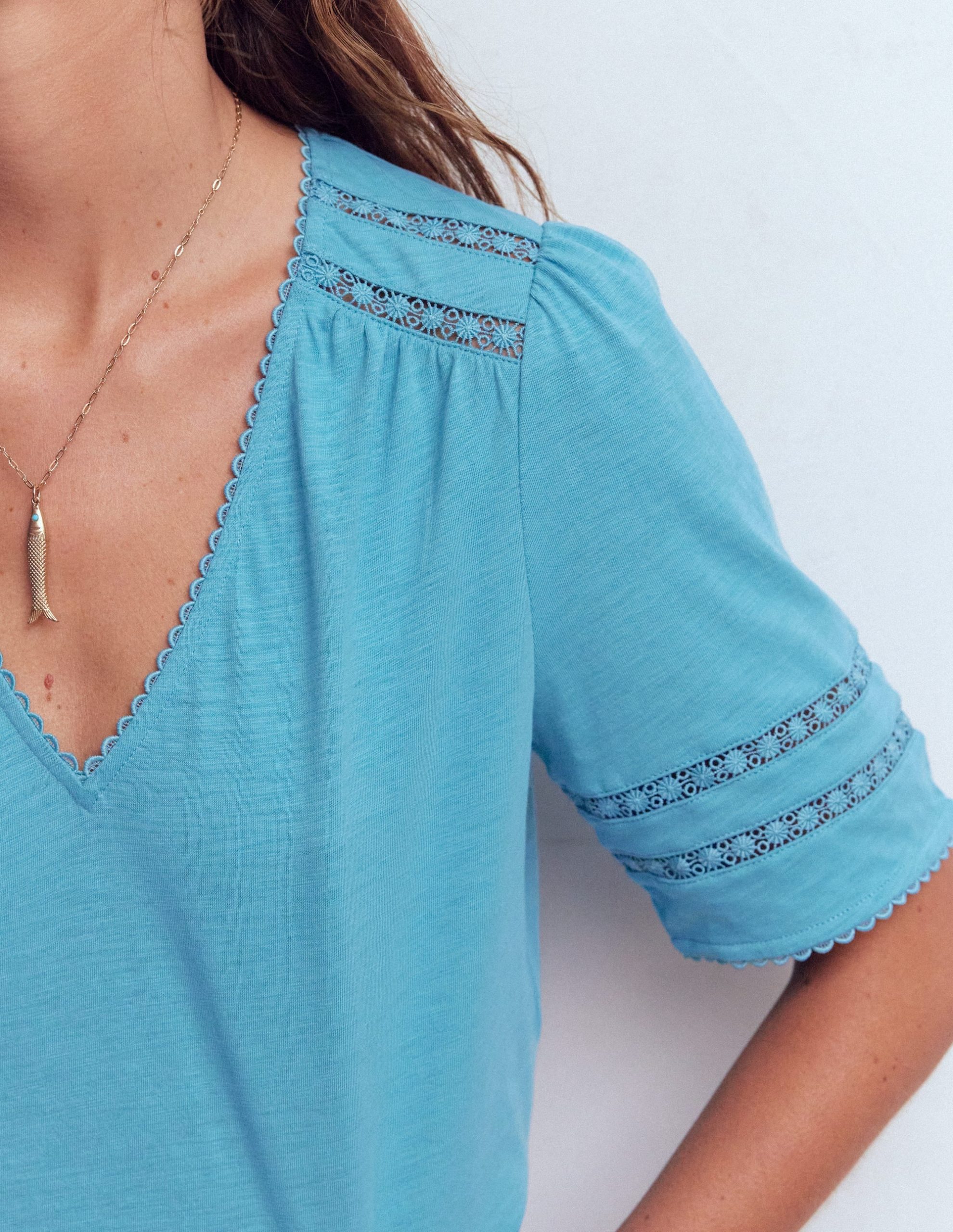 Poppy Trim V Neck T-Shirt-Duck Egg Blue - Image 2
