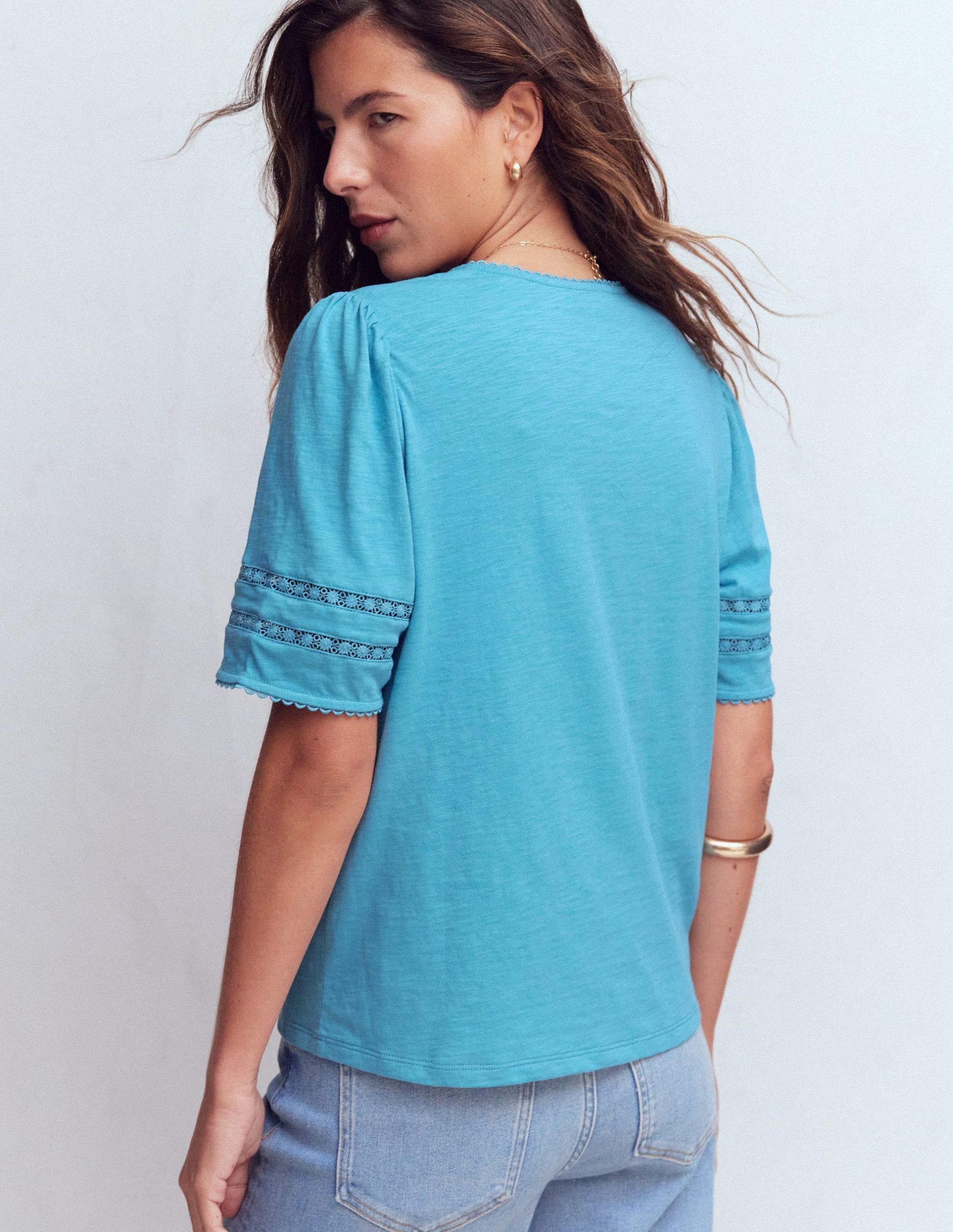 Poppy Trim V Neck T-Shirt-Duck Egg Blue - Image 3